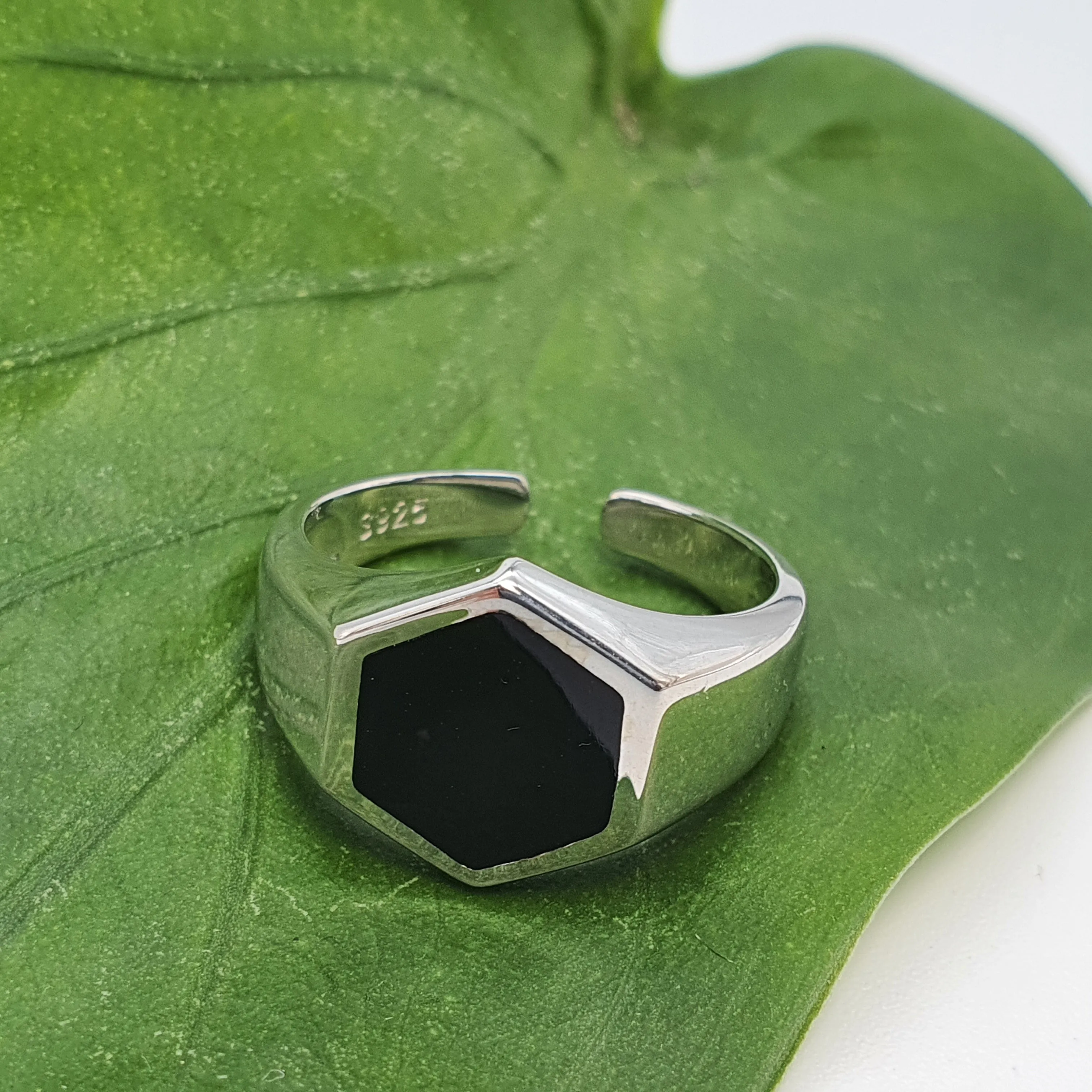 Large Hexagon Black Onyx Open Ring, Sterling Silver