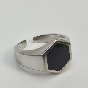 Large Hexagon Black Onyx Open Ring, Sterling Silver