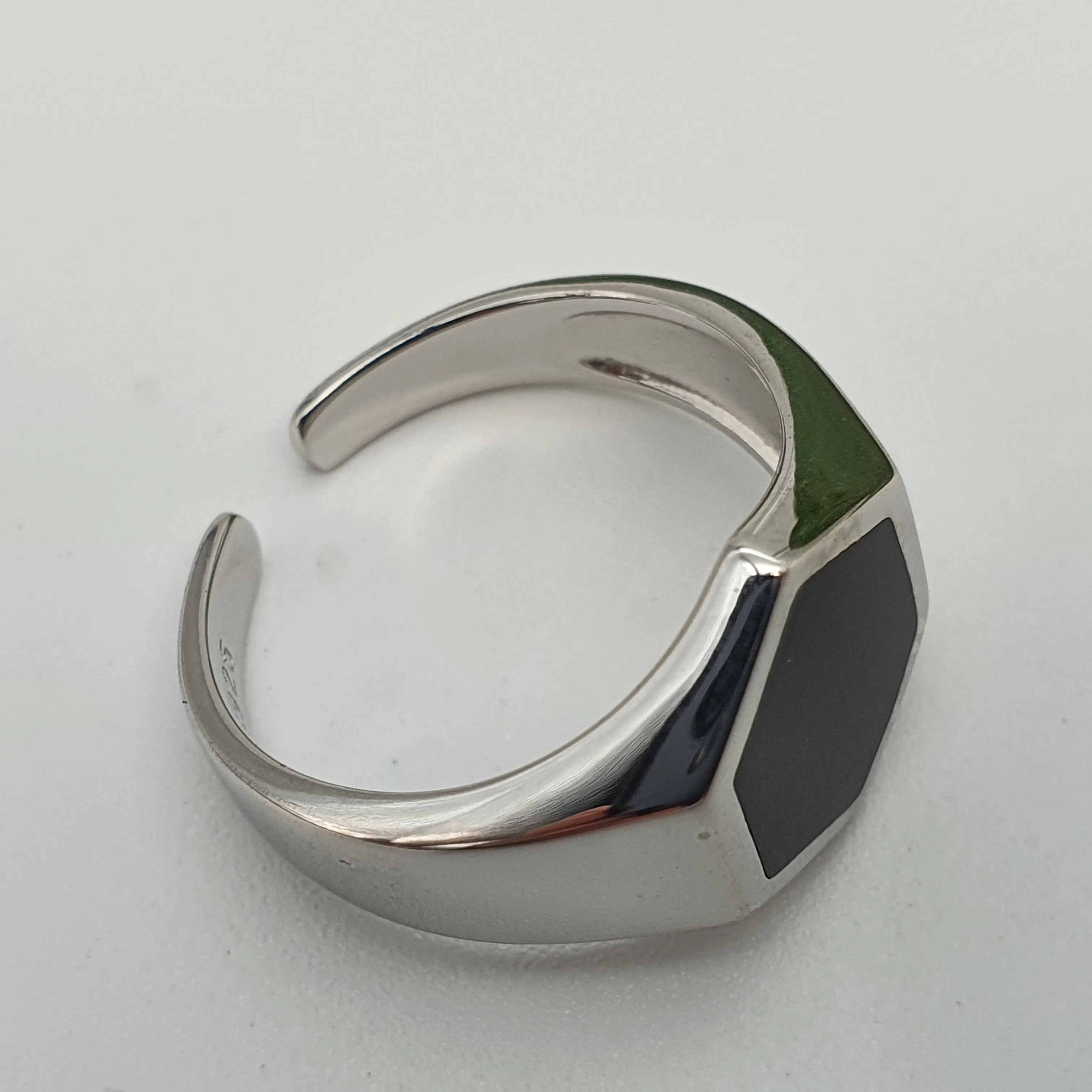 Large Hexagon Black Onyx Open Ring, Sterling Silver