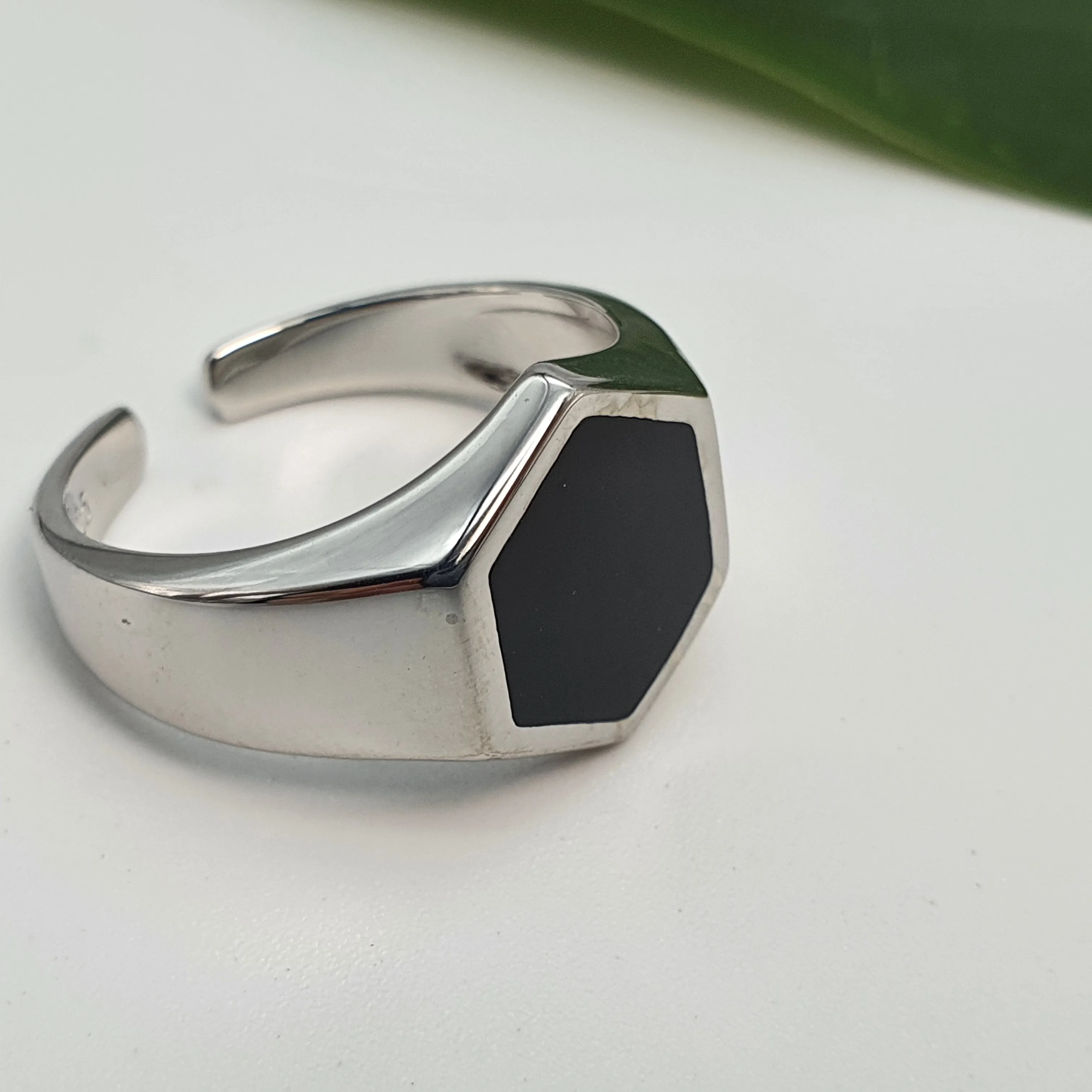 Large Hexagon Black Onyx Open Ring, Sterling Silver
