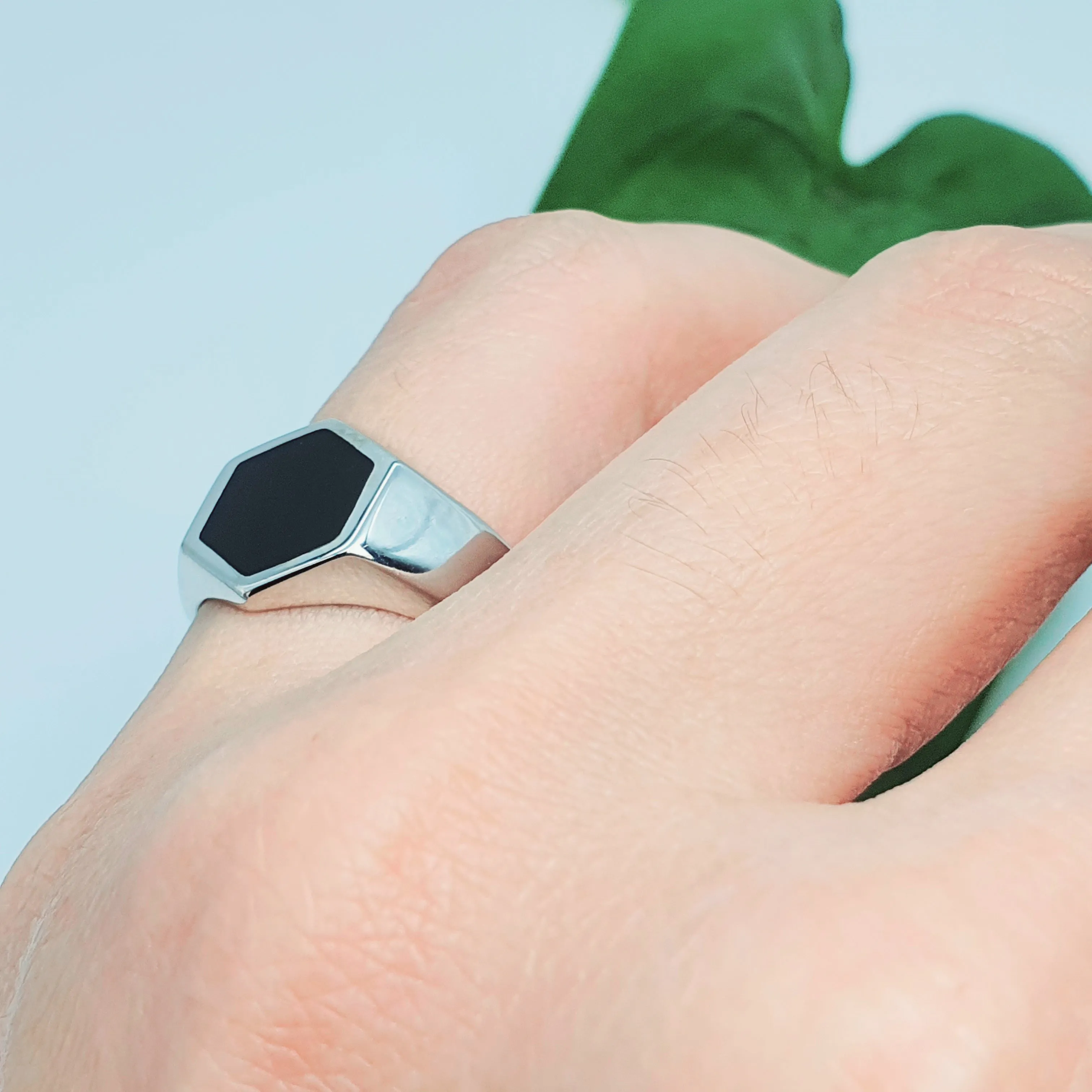 Large Hexagon Black Onyx Open Ring, Sterling Silver