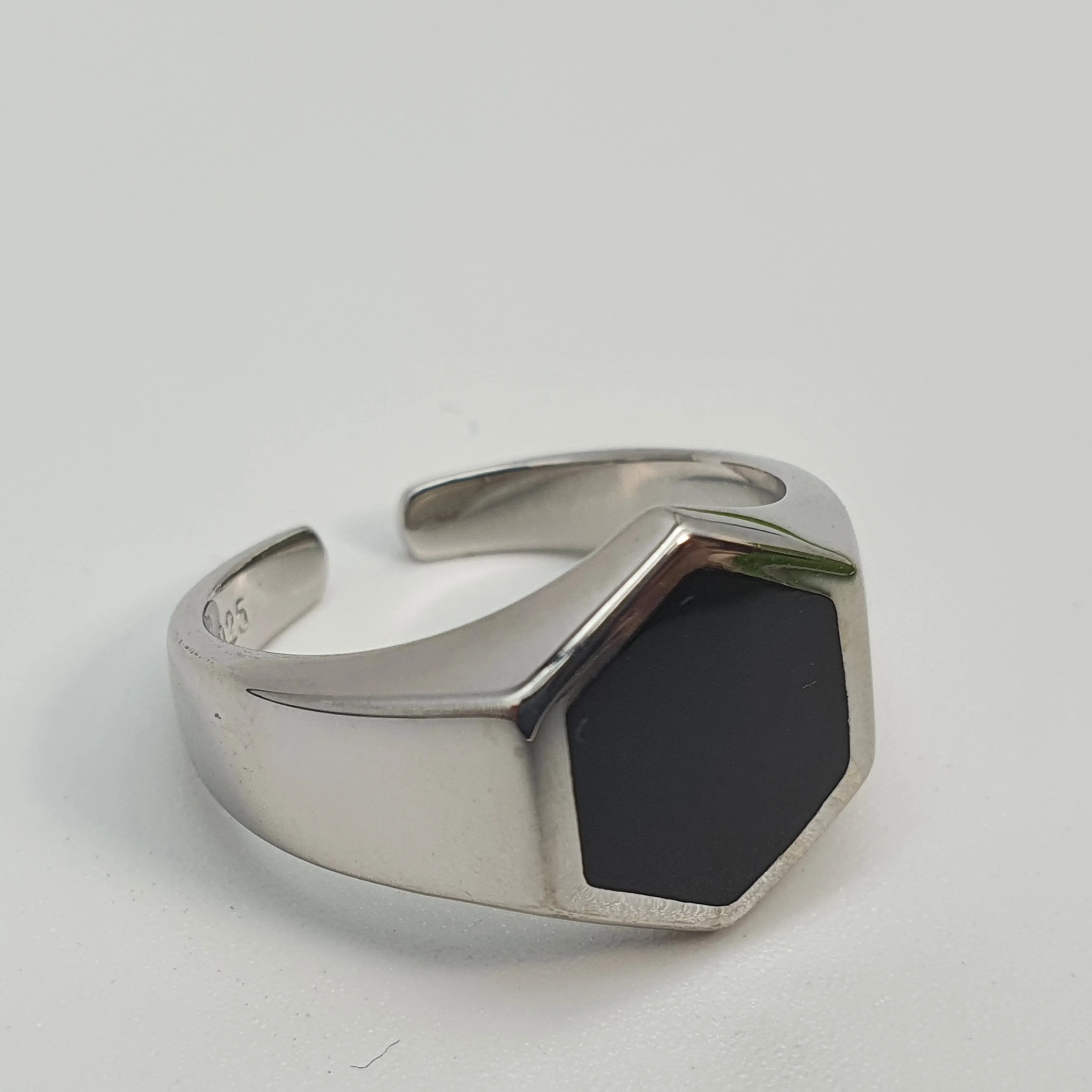 Large Hexagon Black Onyx Open Ring, Sterling Silver
