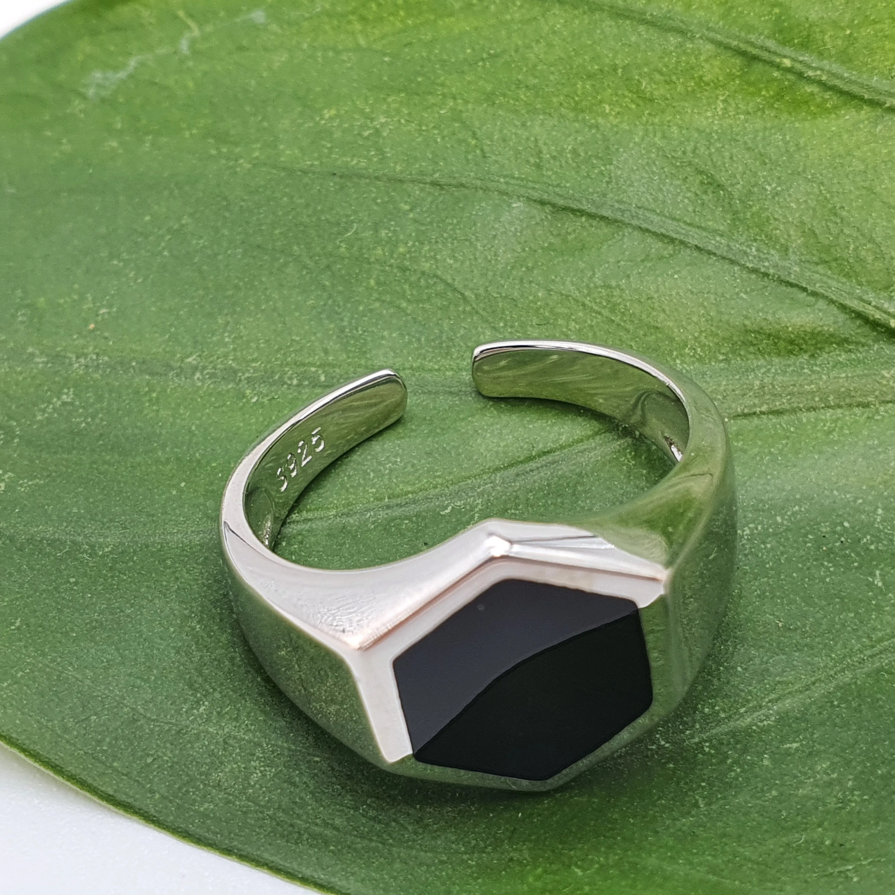Large Hexagon Black Onyx Open Ring, Sterling Silver