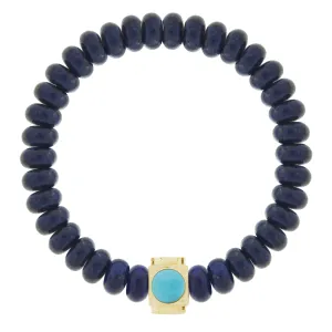 Large Turquoise & Gold Lego Cube on Lapis Beaded Bracelet