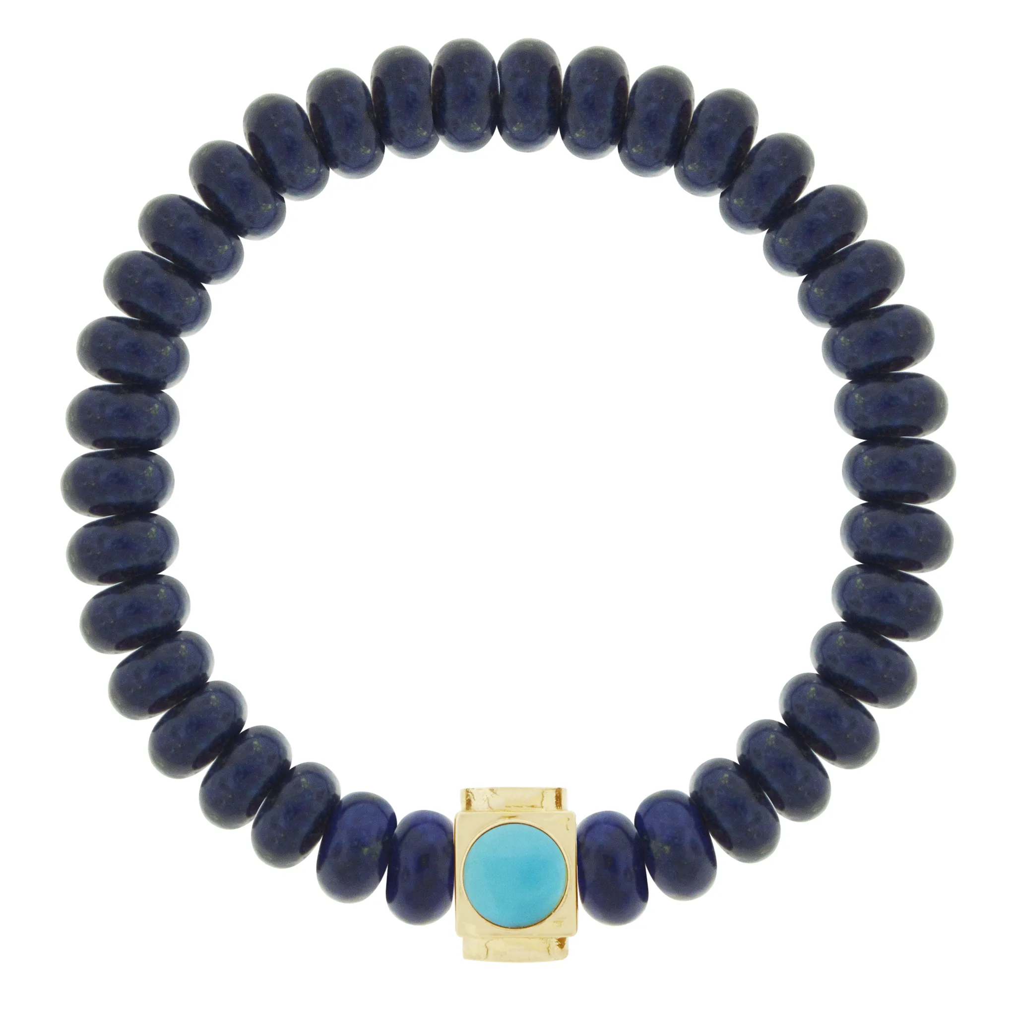 Large Turquoise & Gold Lego Cube on Lapis Beaded Bracelet