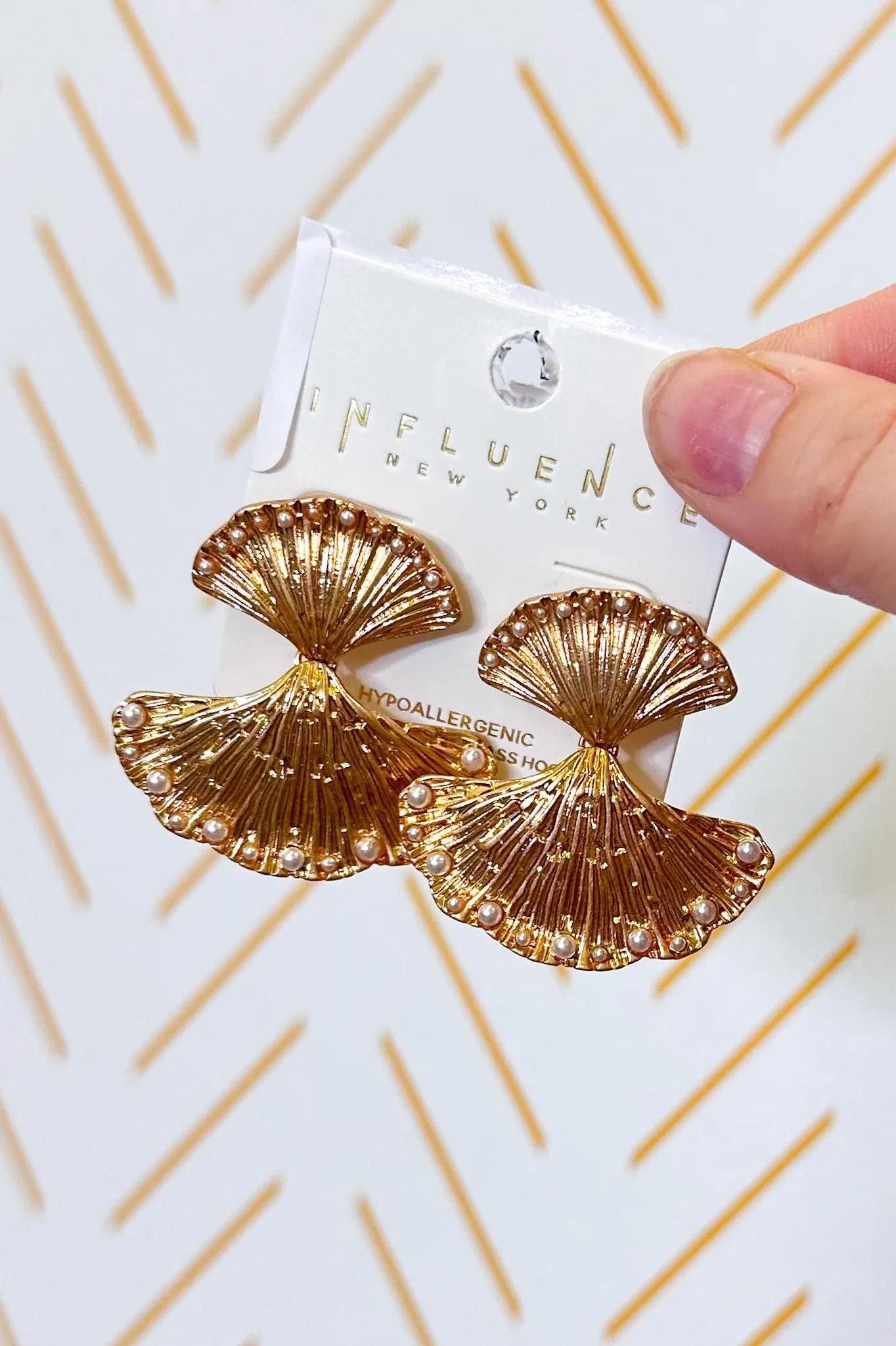 Linked Metal Fan Coral Drop Earrings With Pearl Details, Gold
