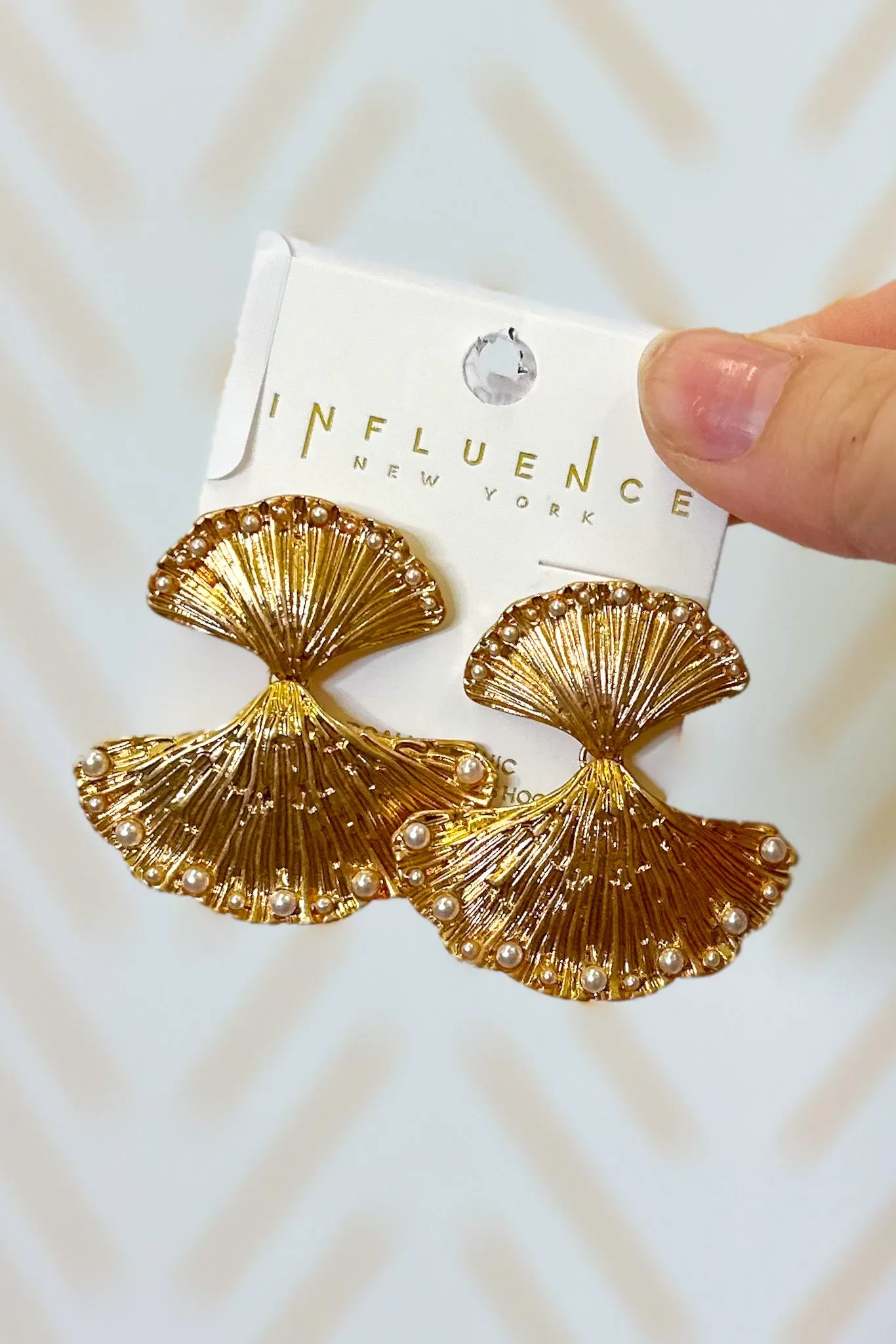 Linked Metal Fan Coral Drop Earrings With Pearl Details, Gold