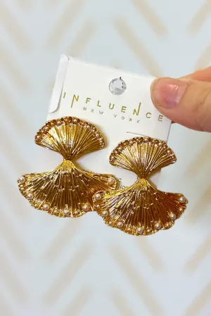 Linked Metal Fan Coral Drop Earrings With Pearl Details, Gold