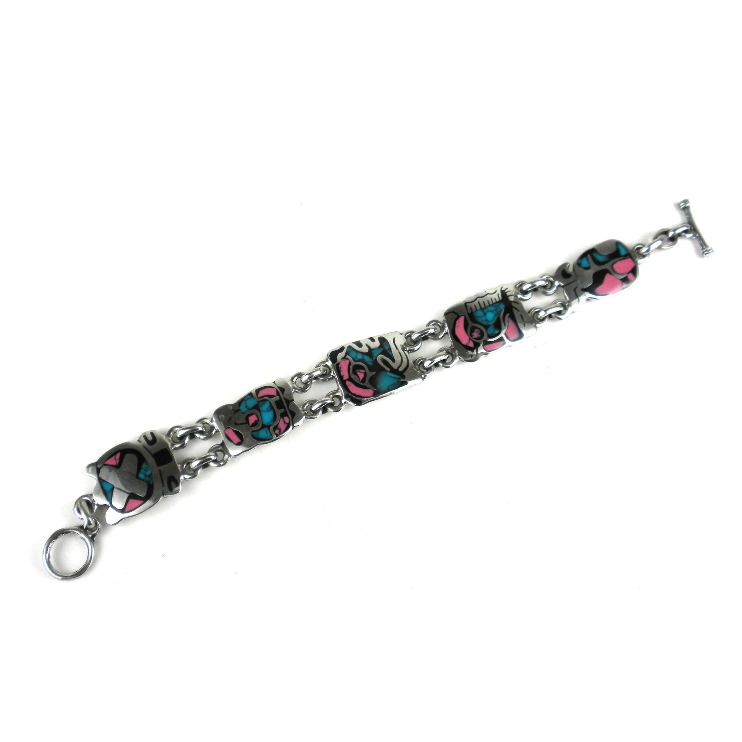 Mayan Glyph Colorful Link Bracelet in Alpaca Silver Artisana