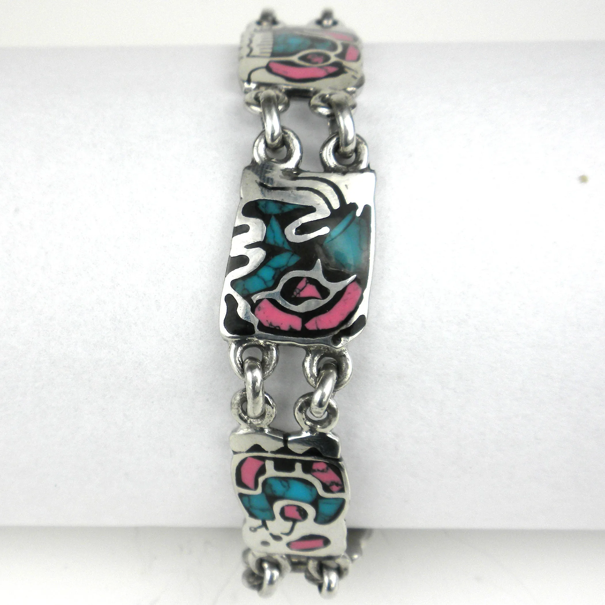 Mayan Glyph Colorful Link Bracelet in Alpaca Silver Artisana