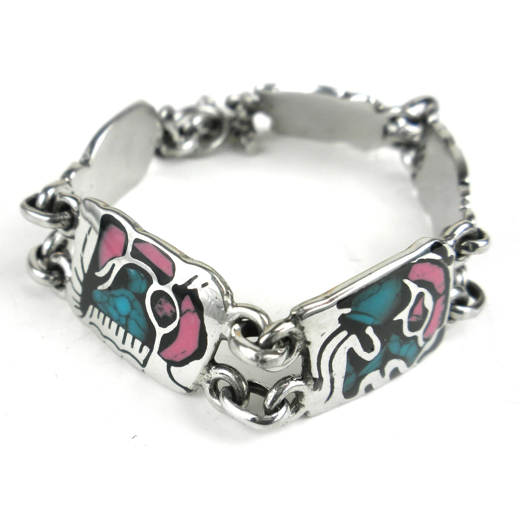 Mayan Glyph Colorful Link Bracelet in Alpaca Silver Artisana