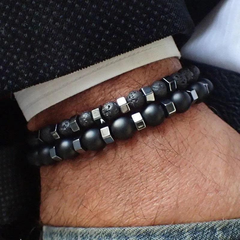 Men's Beaded Frosted & Volcanic Stone Bracelet