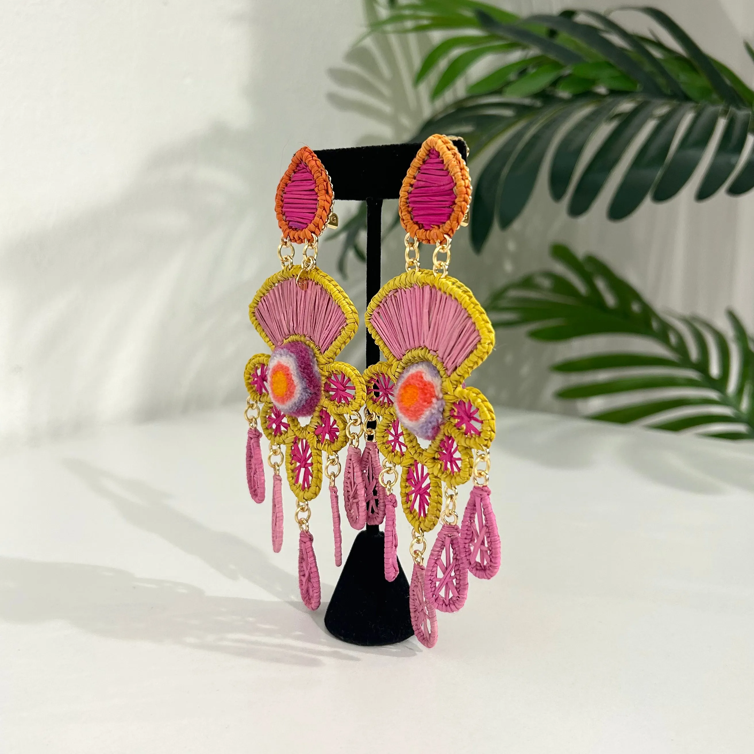 Mercedes Salazar Pink & Yellow Raffia Earrings