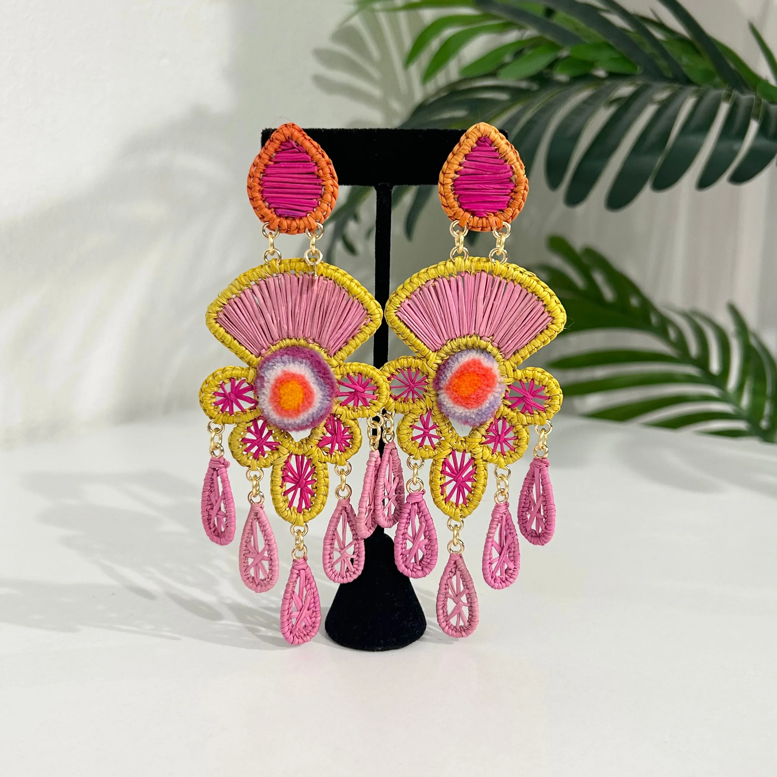 Mercedes Salazar Pink & Yellow Raffia Earrings