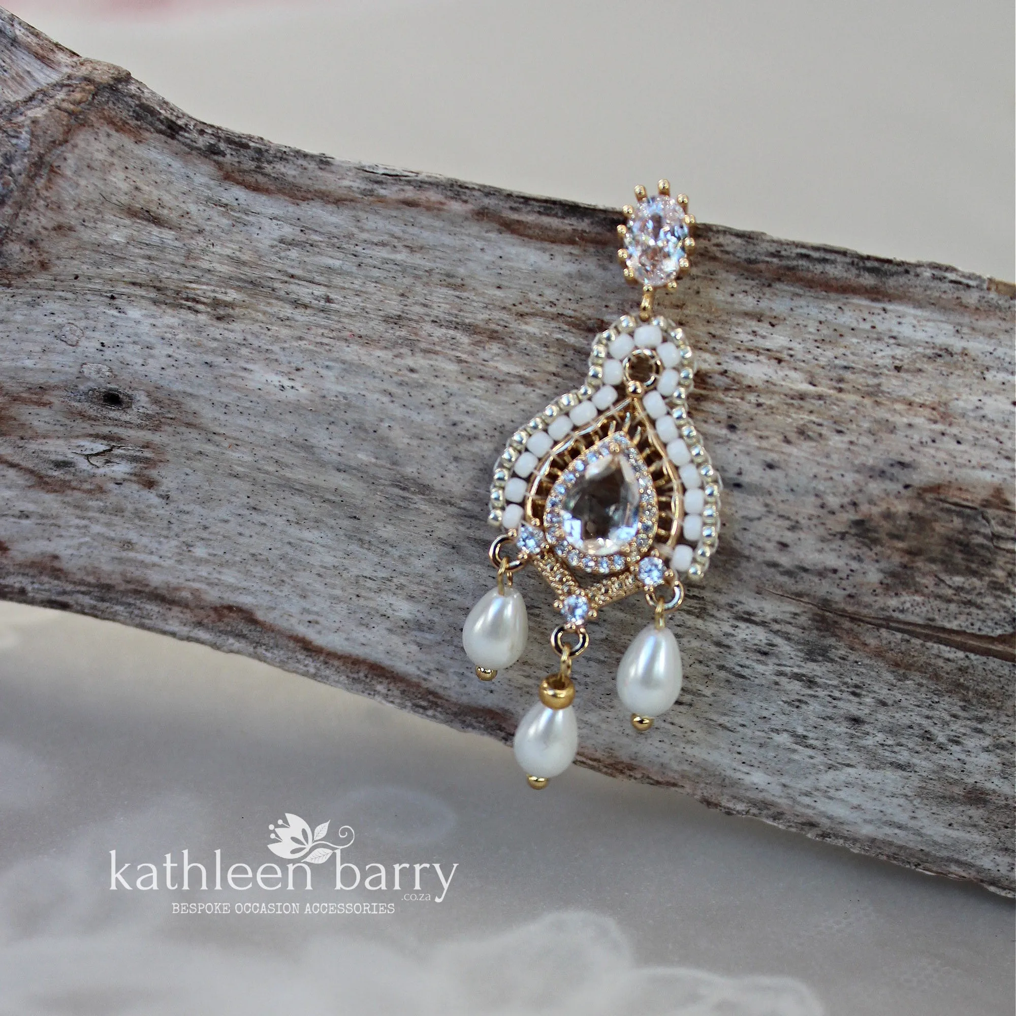Michaela gold and white pearl drop chandelier earrings with cubic Zirconia - only available in gold finish