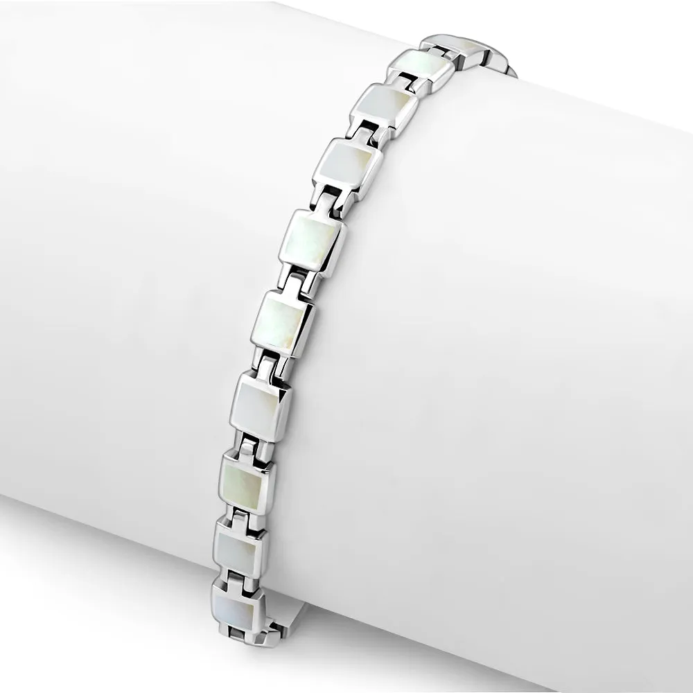 Mother of Pearl Small Square links Silver Bracelet