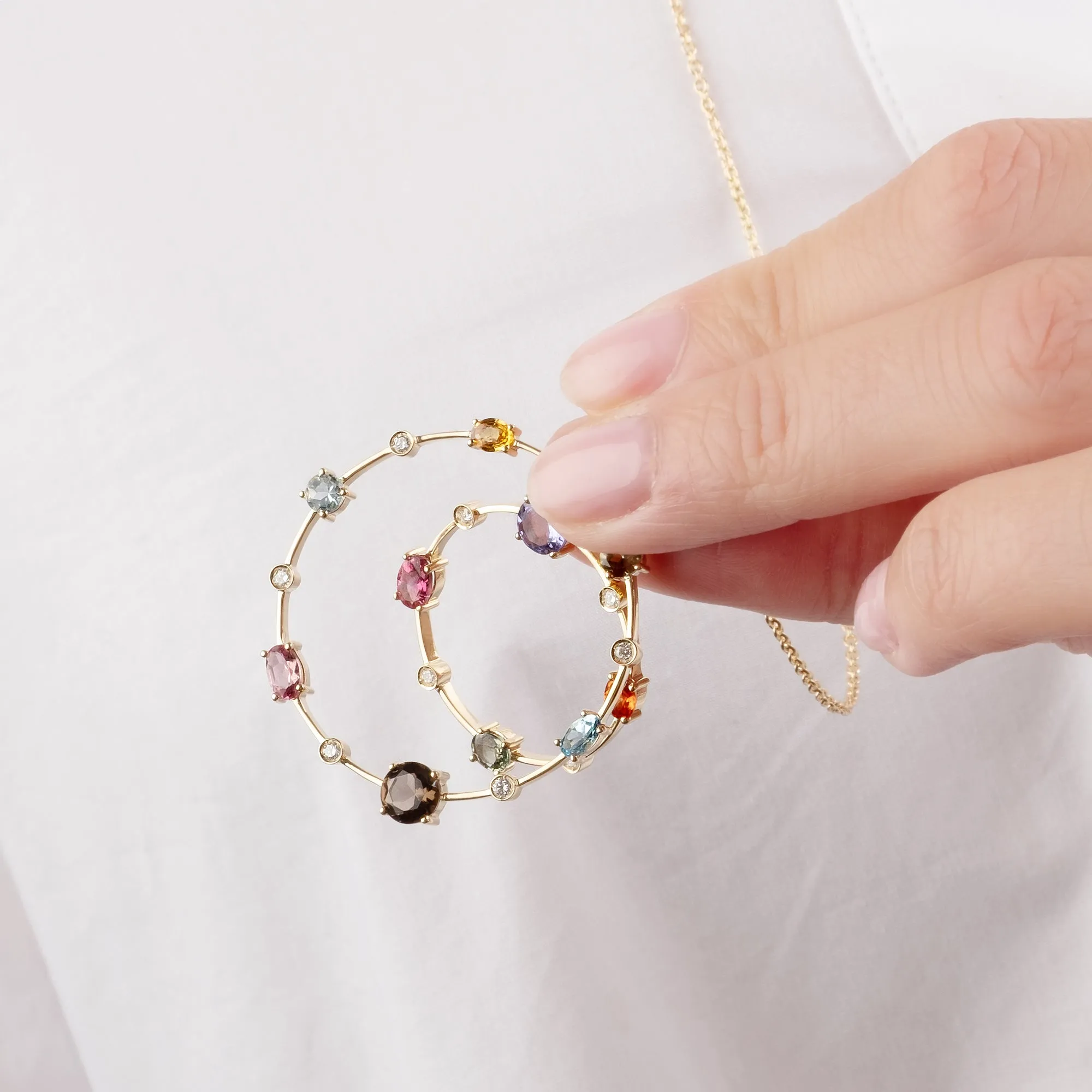 Multi coloured gemstones & diamonds 18k yellow gold long necklace