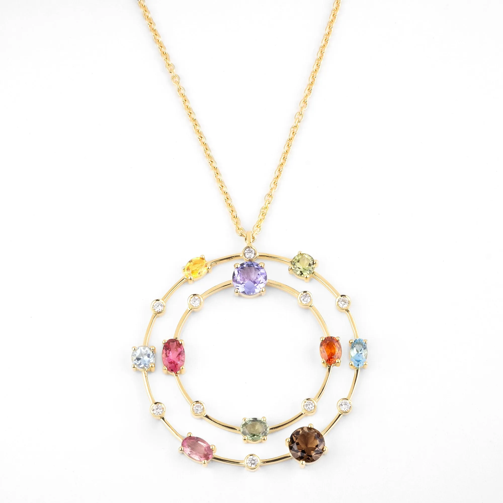 Multi coloured gemstones & diamonds 18k yellow gold long necklace