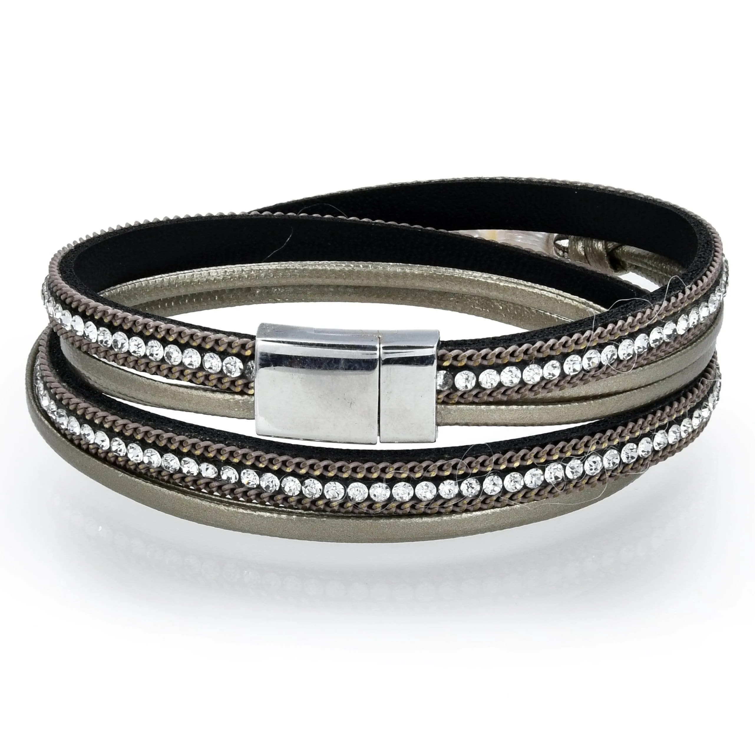 Multiple Strand Pearl and Diamonds Brown Bracelet with Magnetic Clasp