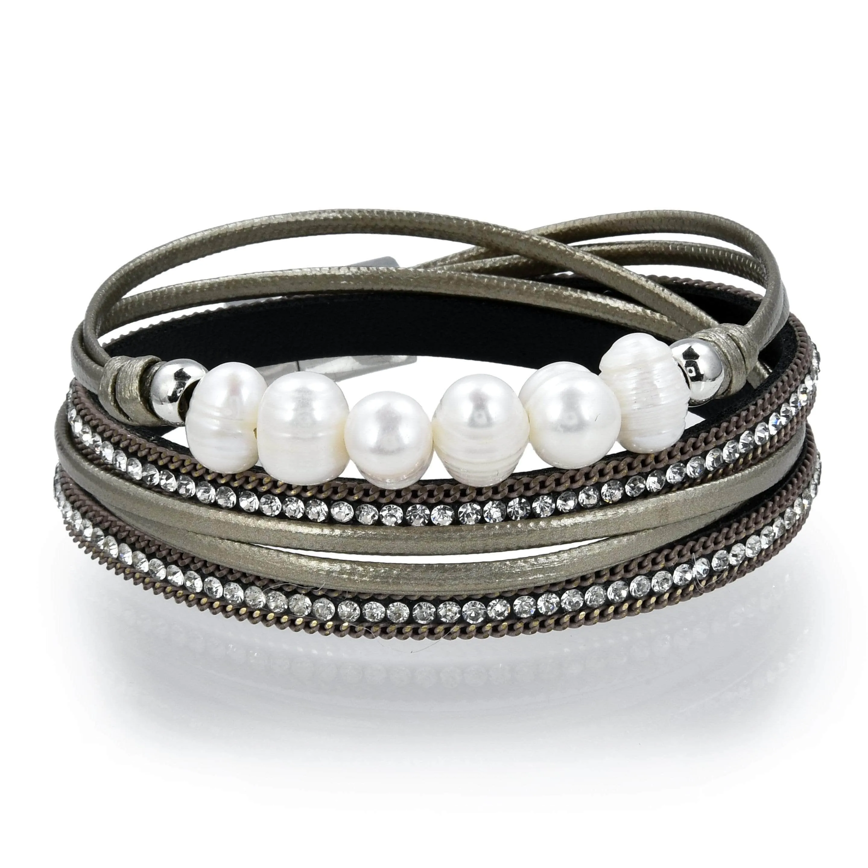 Multiple Strand Pearl and Diamonds Brown Bracelet with Magnetic Clasp