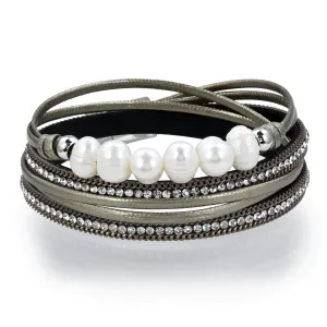 Multiple Strand Pearl and Diamonds Brown Bracelet with Magnetic Clasp