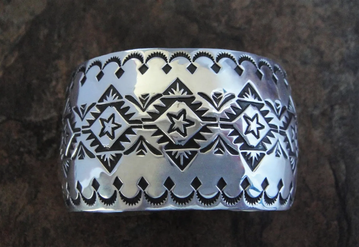 Native American Made Sterling Silver Star Stamped Cuff Bracelet