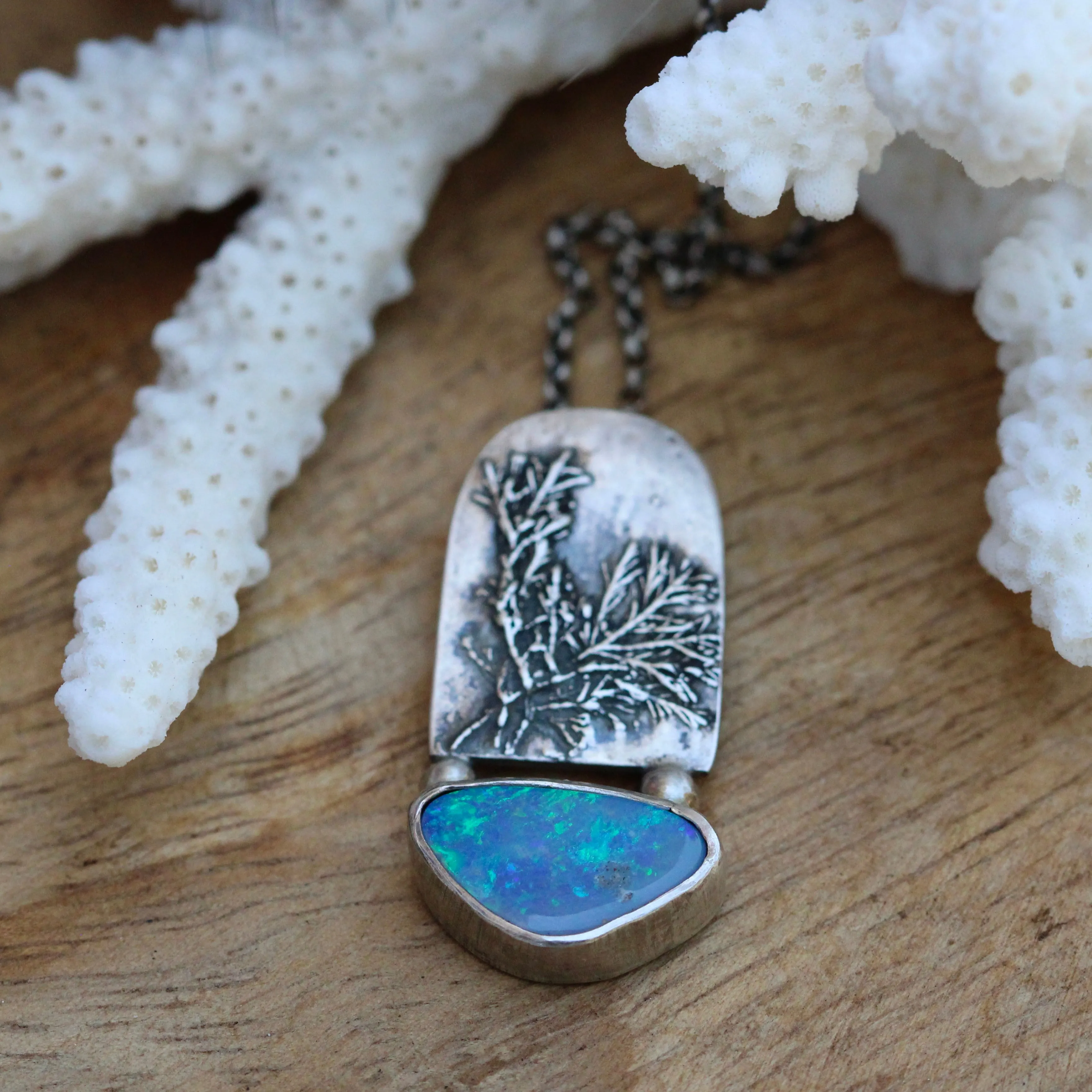 Natural Boulder Opal and sterling Coral Impression Necklace Beach Comber Collection