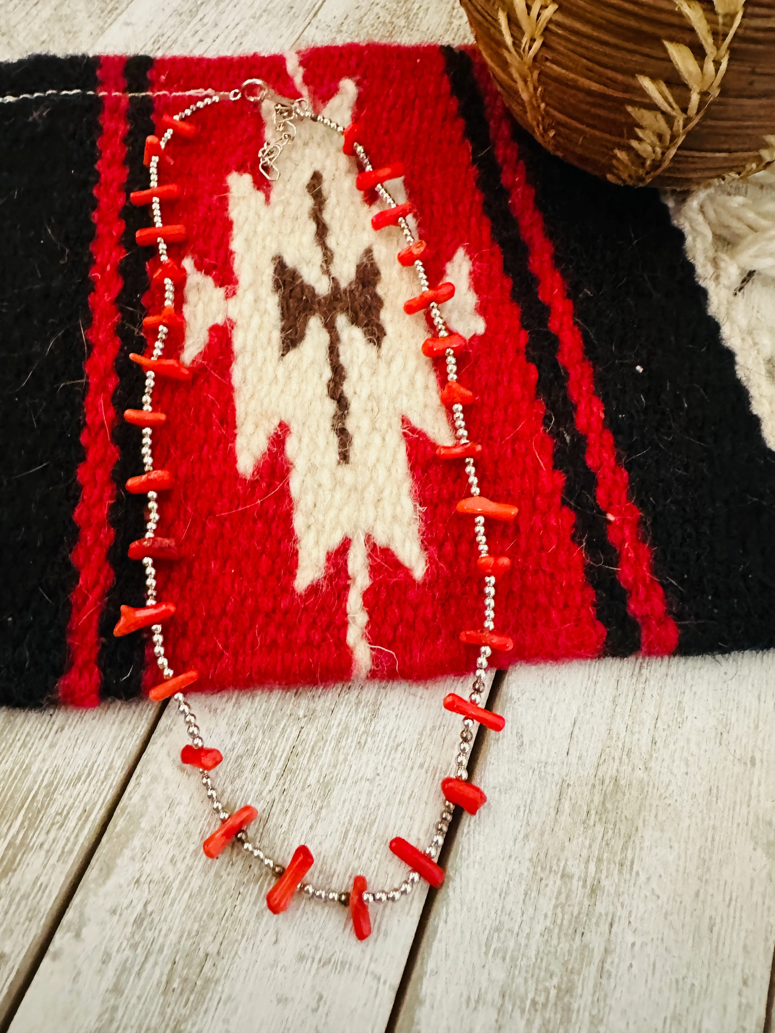 Navajo Coral & Sterling Silver Pearl Beaded Necklace