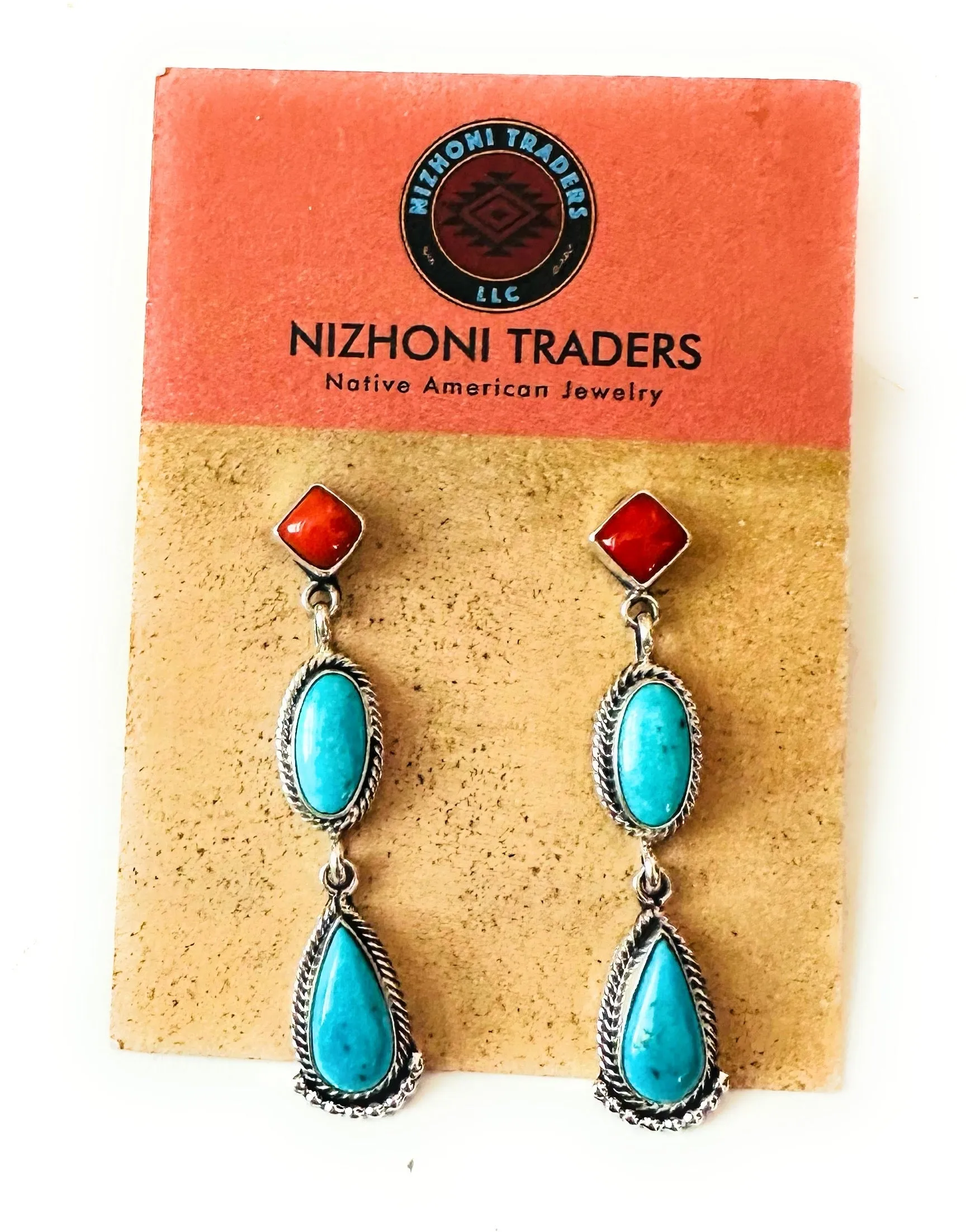 Navajo Turquoise, Coral & Sterling Silver Dangle Earrings