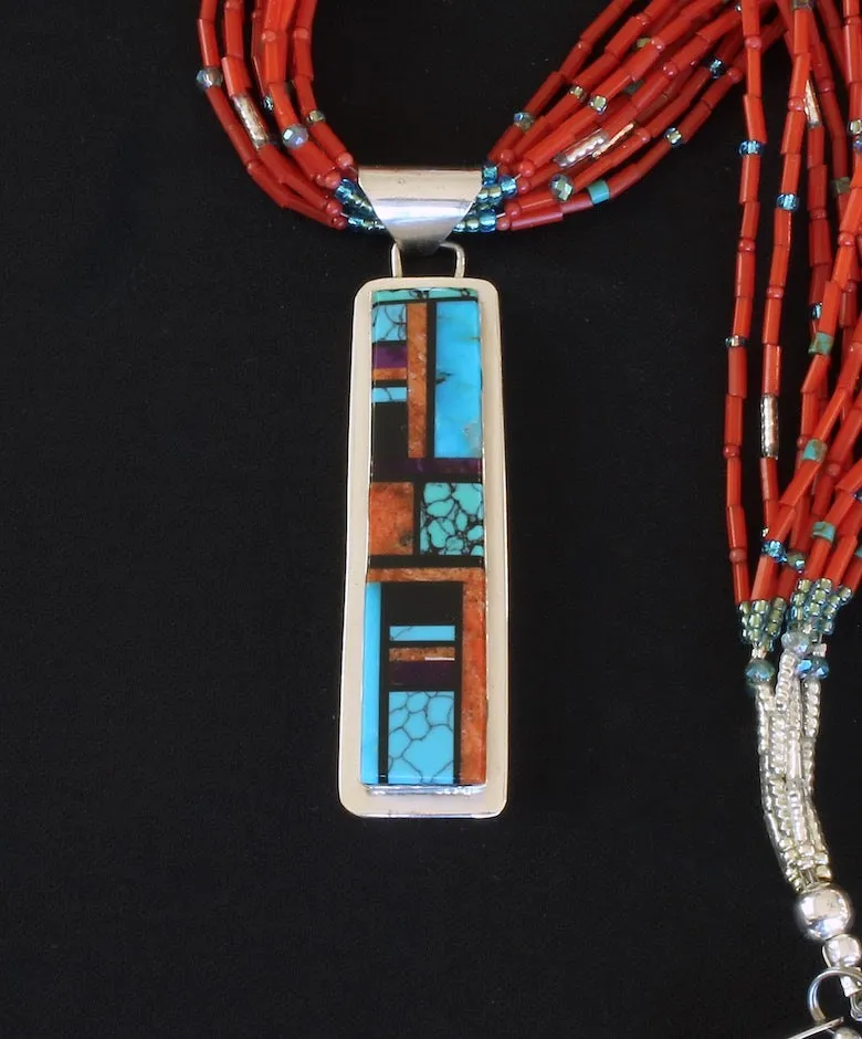 Navajo Turquoise, Spiny Oyster Shell and Sterling Silver Reversible Inlay Pendant with 10 Strands of Antique Glass Pote Beads, Turquoise, Coral, Crystal & Sterling
