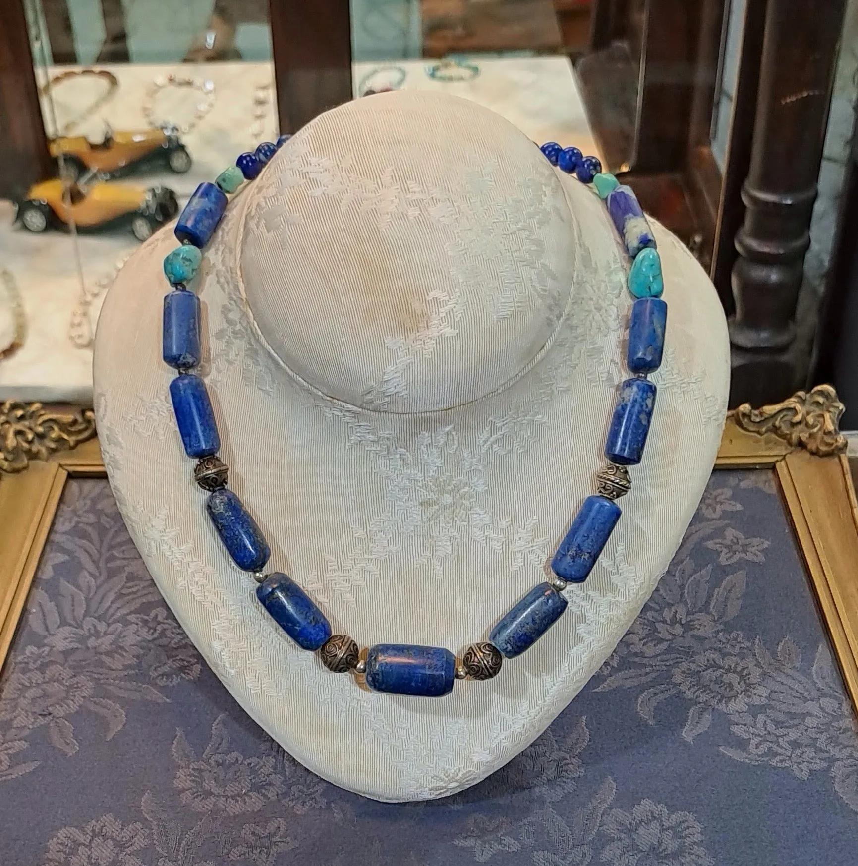 Necklace with old Lapis Lazuli & old Turquoise and sterling silver elements
