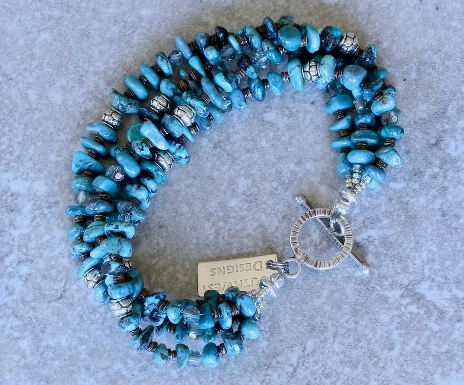 Nevada Turquoise Nugget 4-Strand Bracelet with Olive Shell Heishi, Czech Glass and Sterling Silver