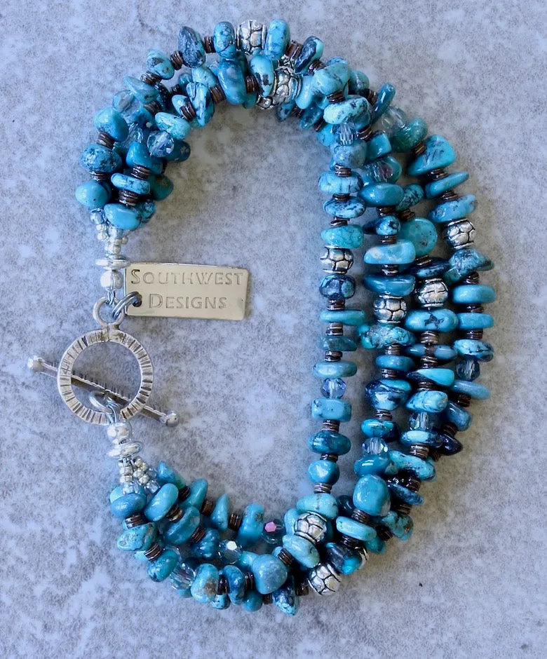 Nevada Turquoise Nugget 4-Strand Bracelet with Olive Shell Heishi, Czech Glass and Sterling Silver