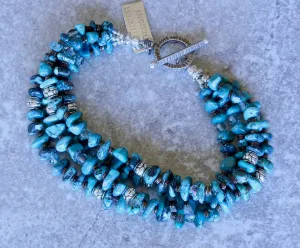 Nevada Turquoise Nugget 4-Strand Bracelet with Olive Shell Heishi, Czech Glass and Sterling Silver