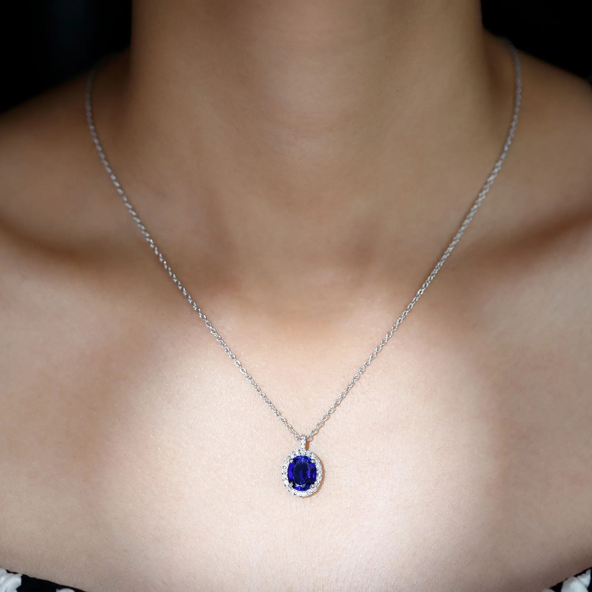 Oval Cut Created Blue Sapphire Silver Halo Pendant with Moissanite