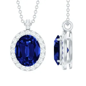 Oval Cut Created Blue Sapphire Silver Halo Pendant with Moissanite