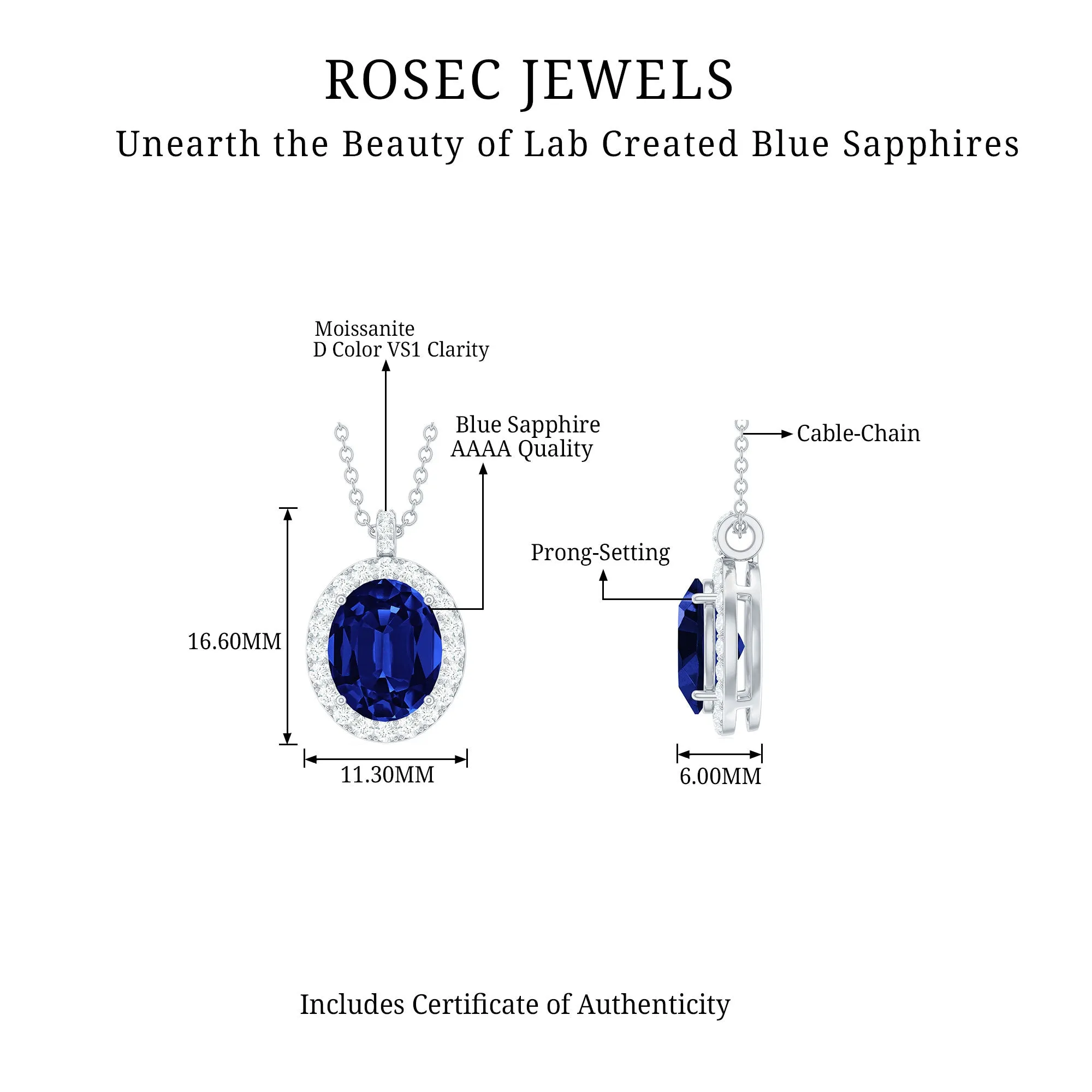 Oval Cut Created Blue Sapphire Silver Halo Pendant with Moissanite