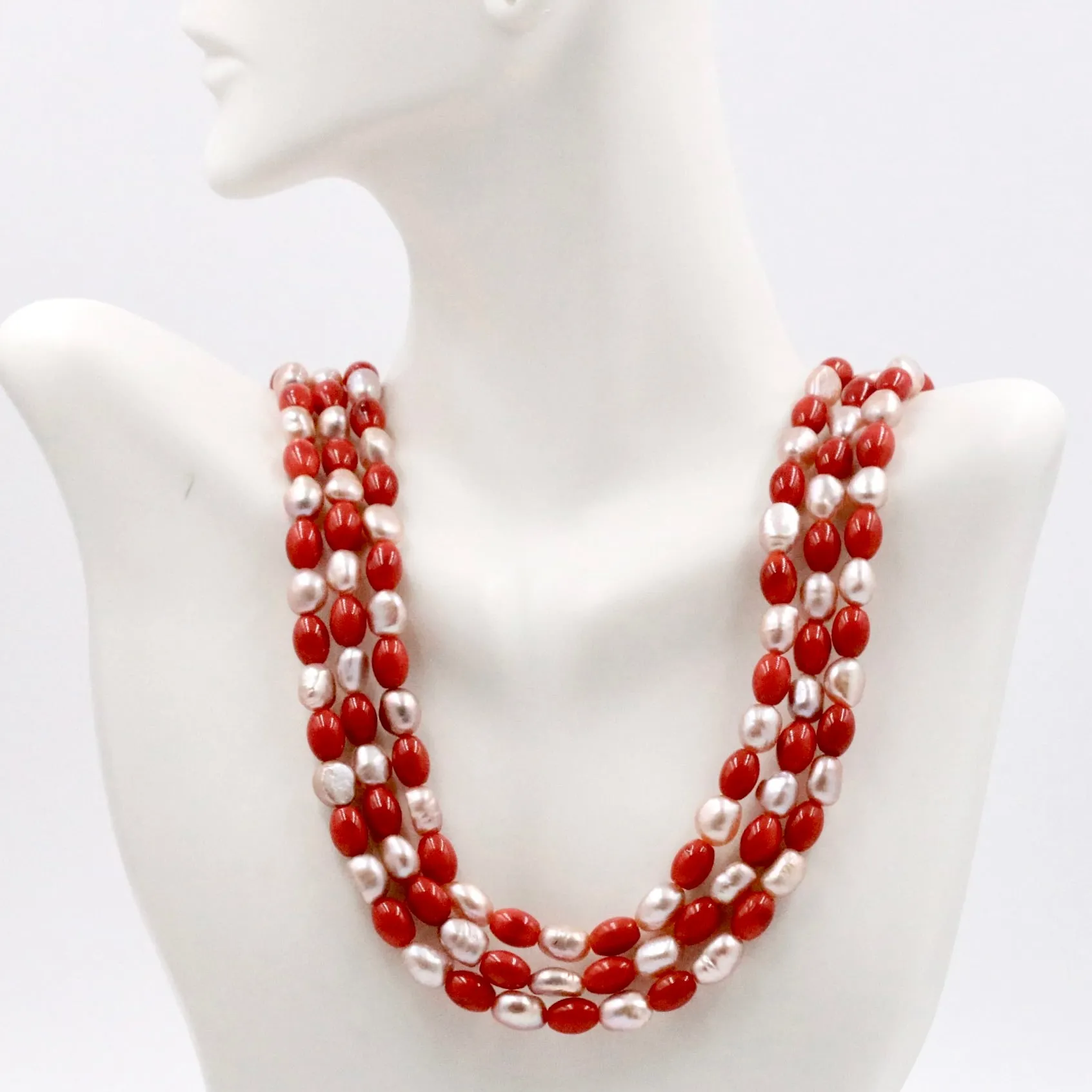 Pearl and Coral Necklace Fresh Water Pearl and Coral Layered Necklace Gemstone Necklace Long Necklace Indian Necklace SKU: 6143382