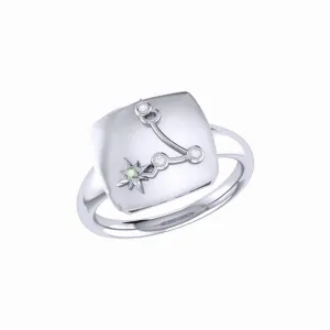 Pisces Two Fish Aquamarine & Diamond Constellation Signet Ring in Sterling Silver