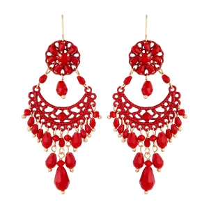 Red Beaded Chandelier Drop Earrings