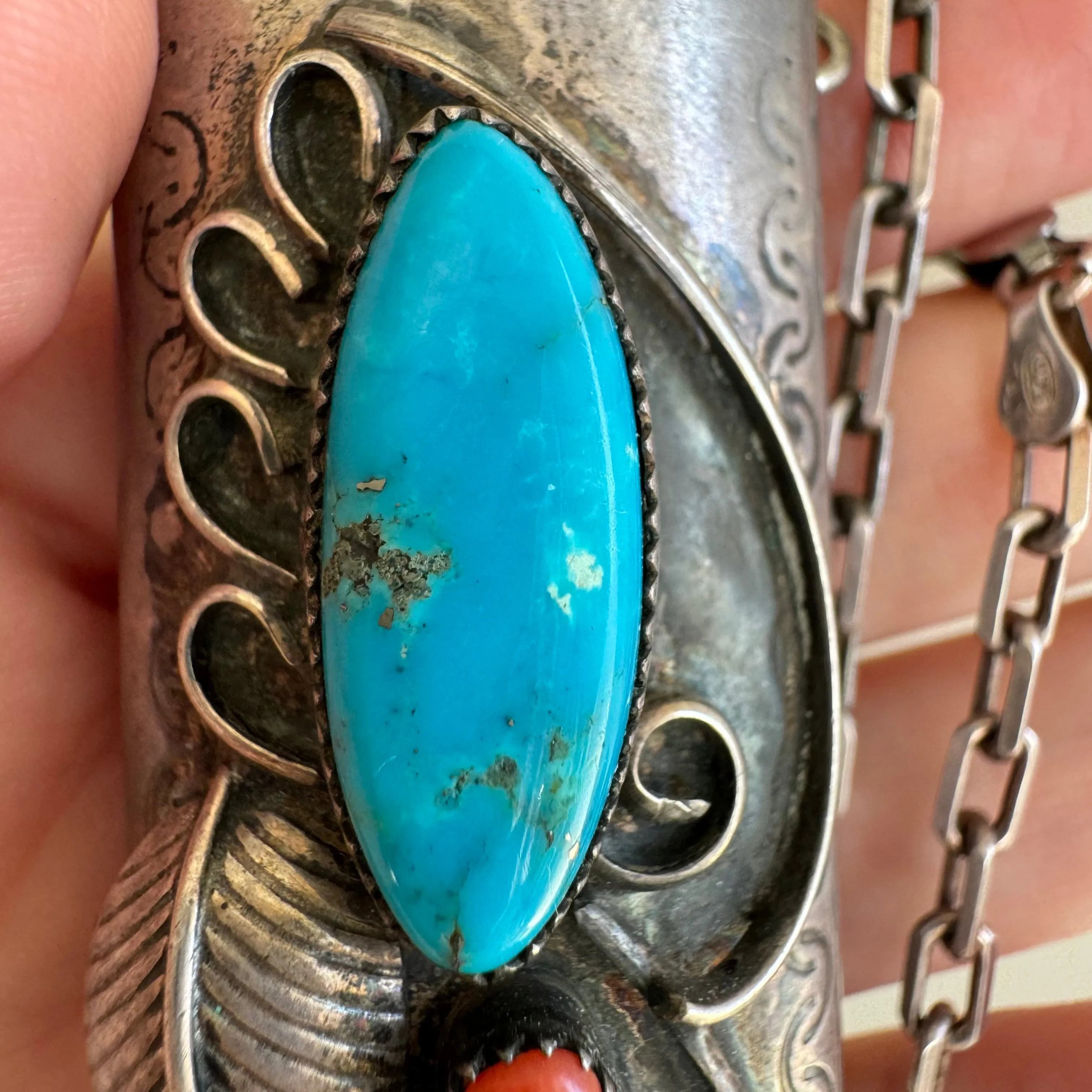 reimagined V I N T A G E // wearable lighter case / sterling silver bic lighter case pendant necklace with turquoise and coral / 23.25", 37g