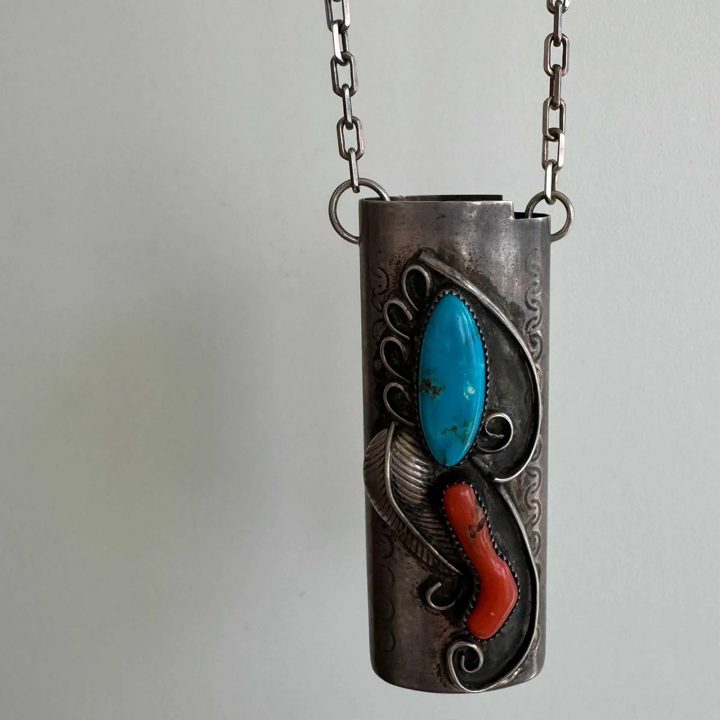 reimagined V I N T A G E // wearable lighter case / sterling silver bic lighter case pendant necklace with turquoise and coral / 23.25", 37g