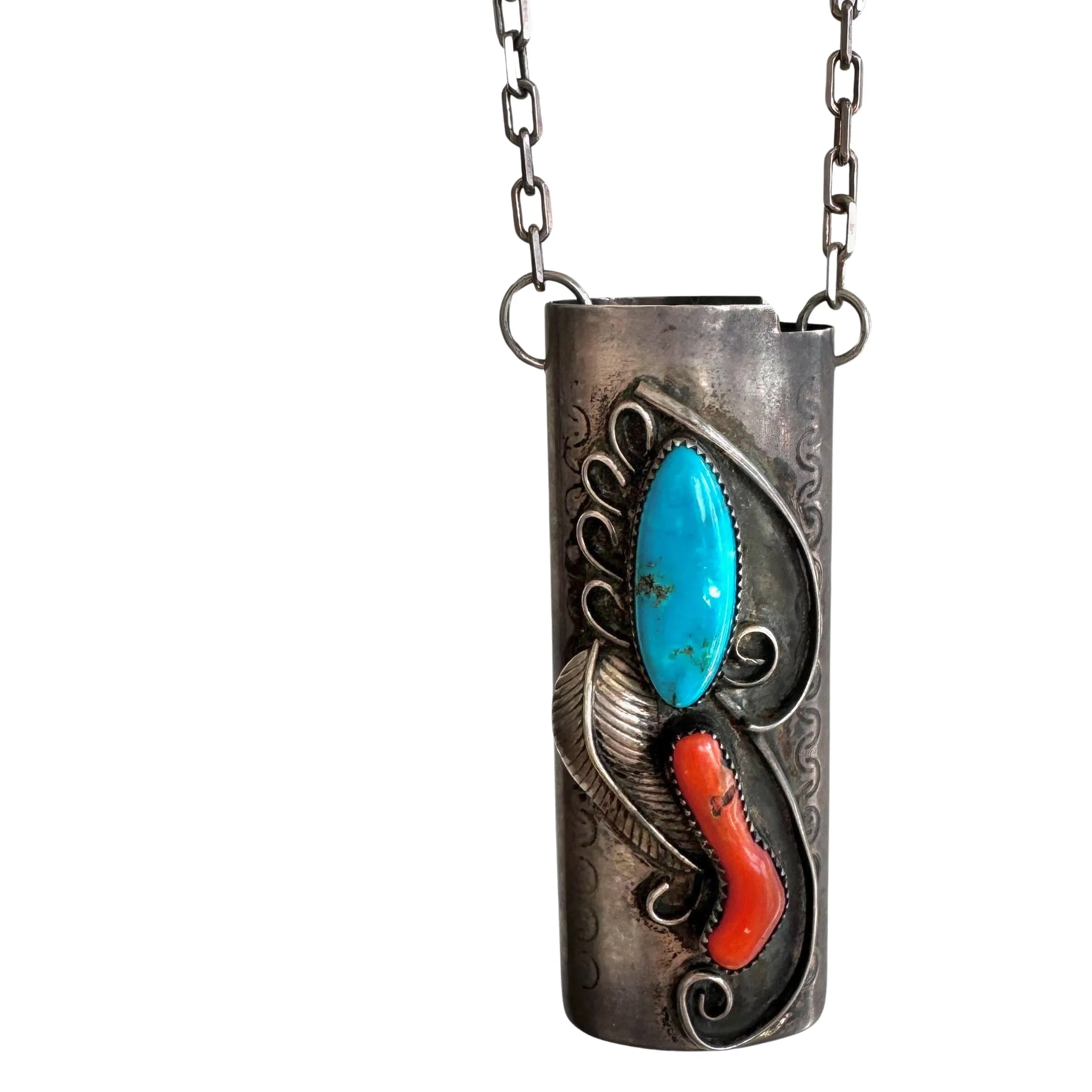reimagined V I N T A G E // wearable lighter case / sterling silver bic lighter case pendant necklace with turquoise and coral / 23.25", 37g