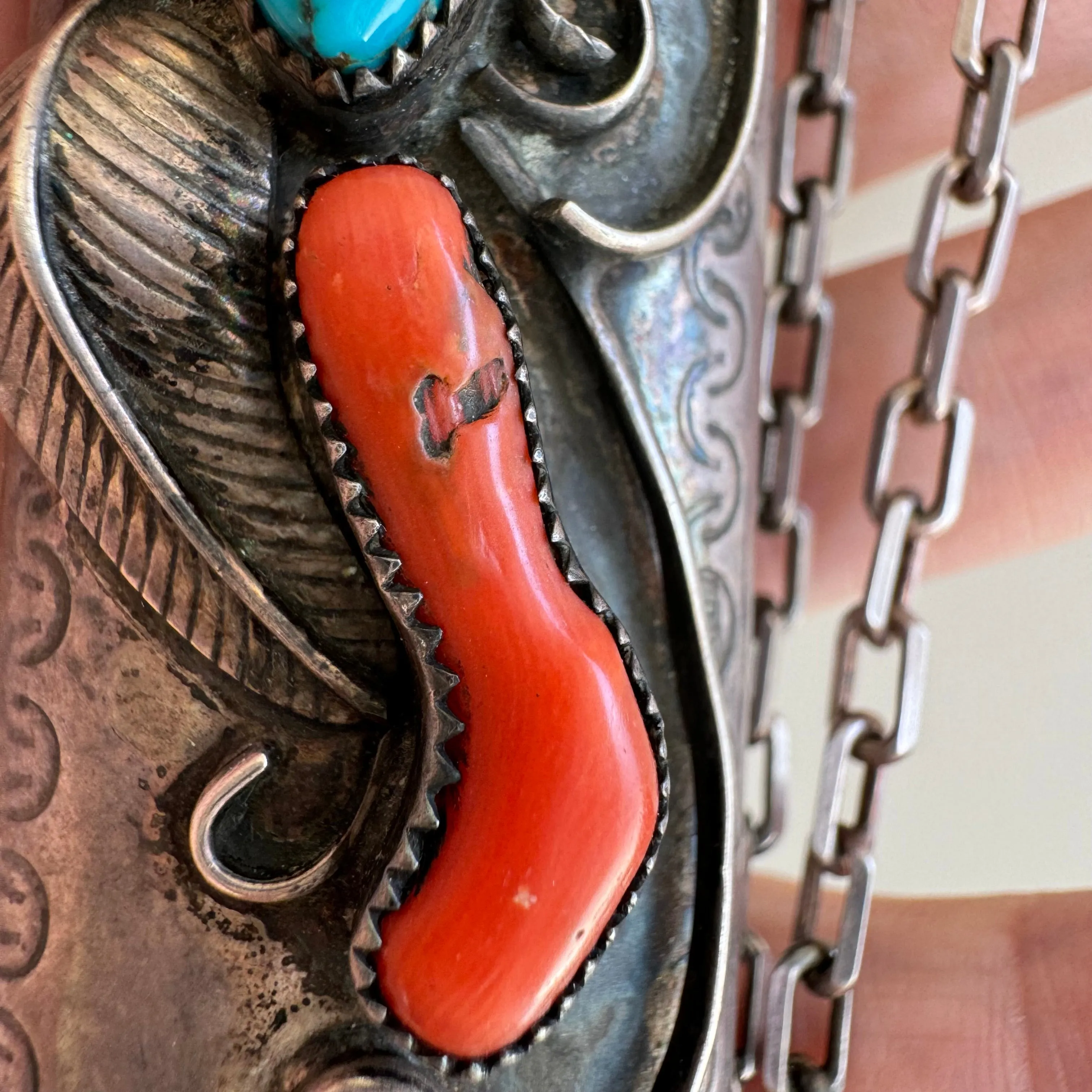 reimagined V I N T A G E // wearable lighter case / sterling silver bic lighter case pendant necklace with turquoise and coral / 23.25", 37g