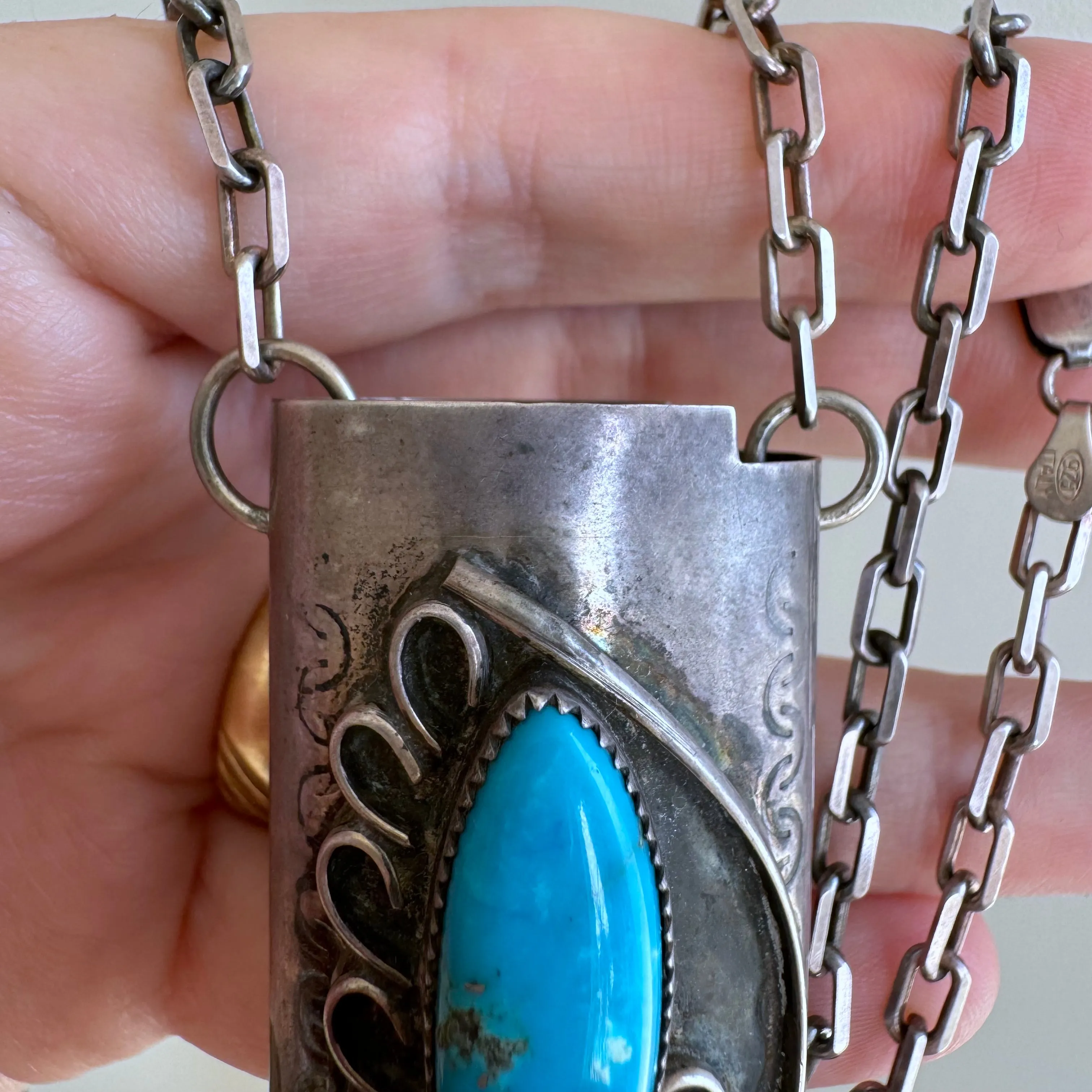 reimagined V I N T A G E // wearable lighter case / sterling silver bic lighter case pendant necklace with turquoise and coral / 23.25", 37g