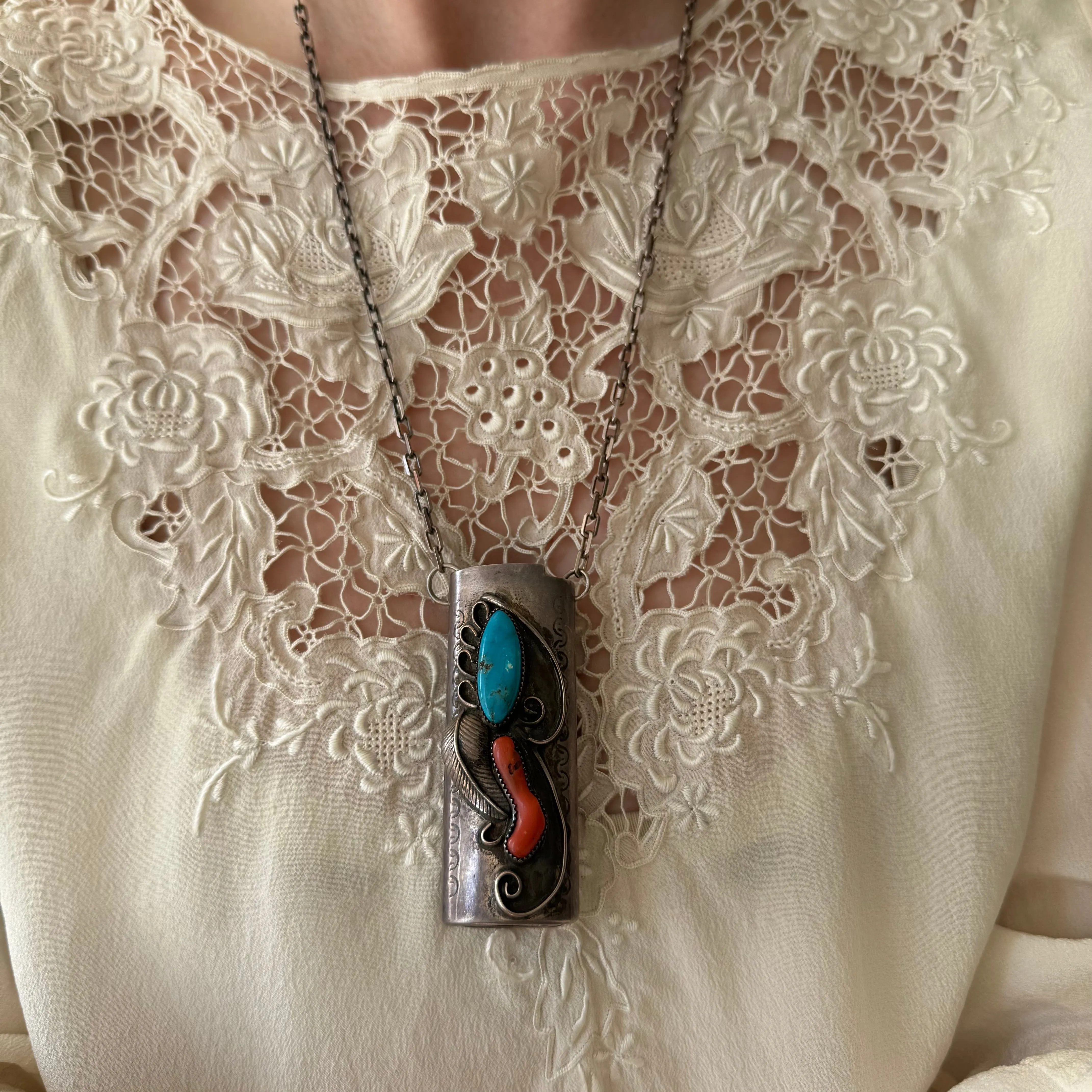 reimagined V I N T A G E // wearable lighter case / sterling silver bic lighter case pendant necklace with turquoise and coral / 23.25", 37g