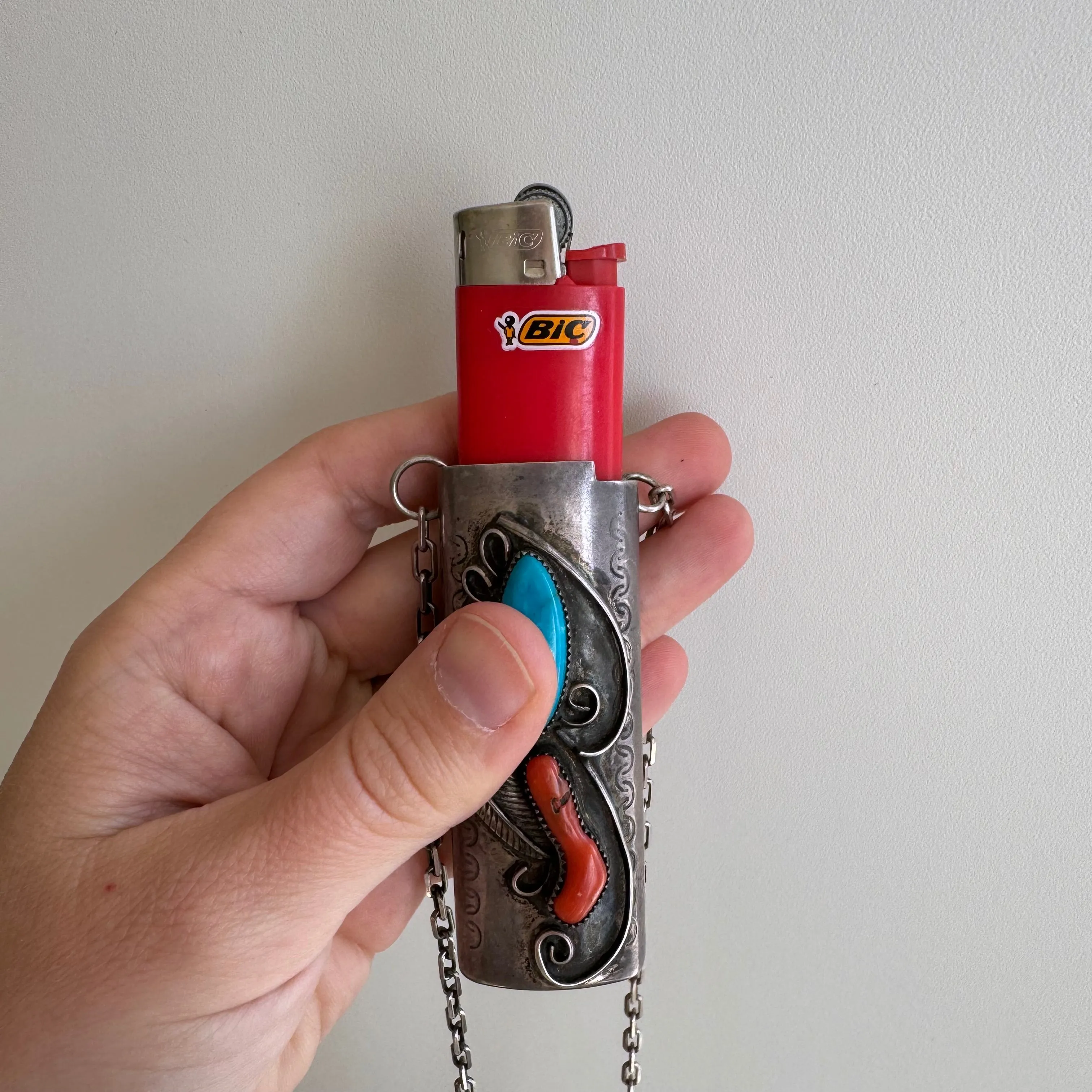 reimagined V I N T A G E // wearable lighter case / sterling silver bic lighter case pendant necklace with turquoise and coral / 23.25", 37g