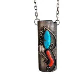 reimagined V I N T A G E // wearable lighter case / sterling silver bic lighter case pendant necklace with turquoise and coral / 23.25", 37g