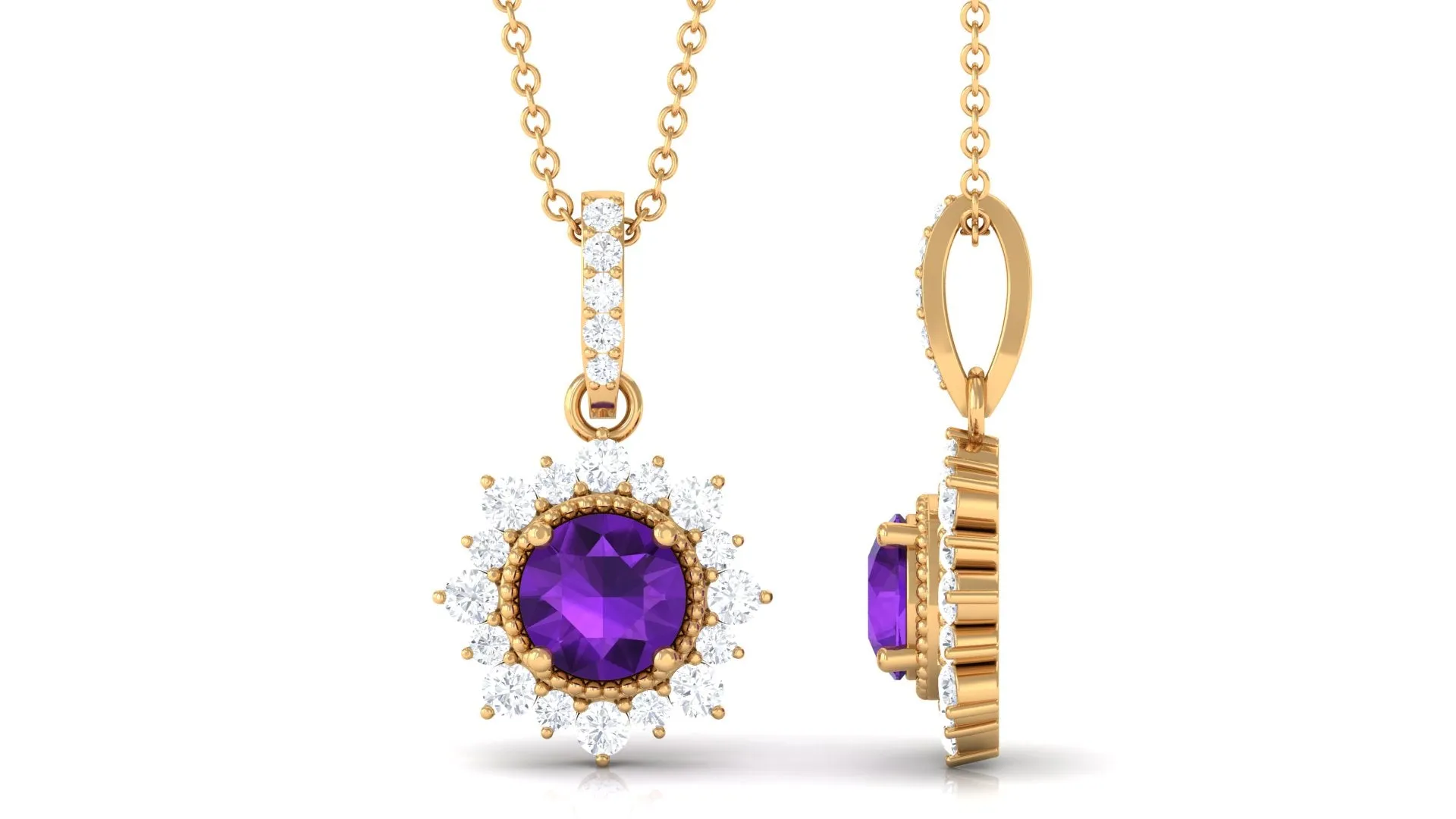 Round Amethyst Halo Pendant with Diamond Accent Bail