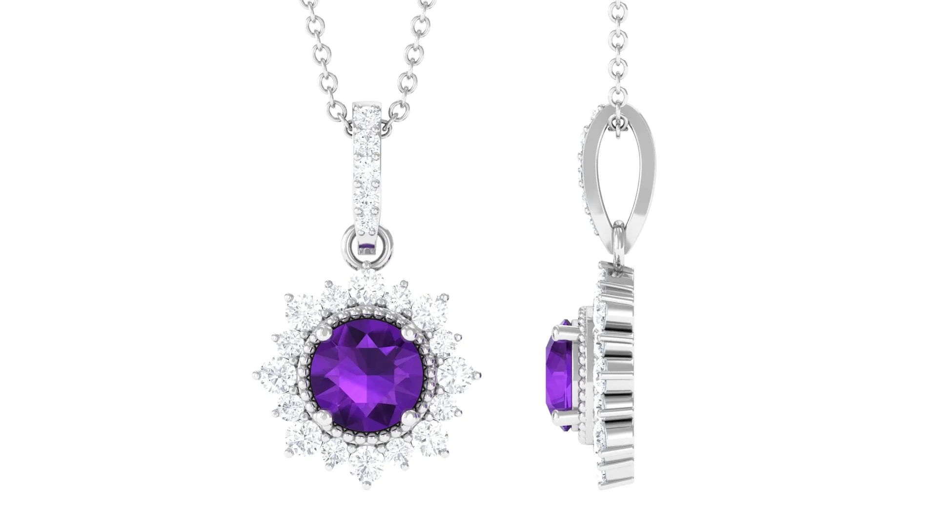 Round Amethyst Halo Pendant with Diamond Accent Bail